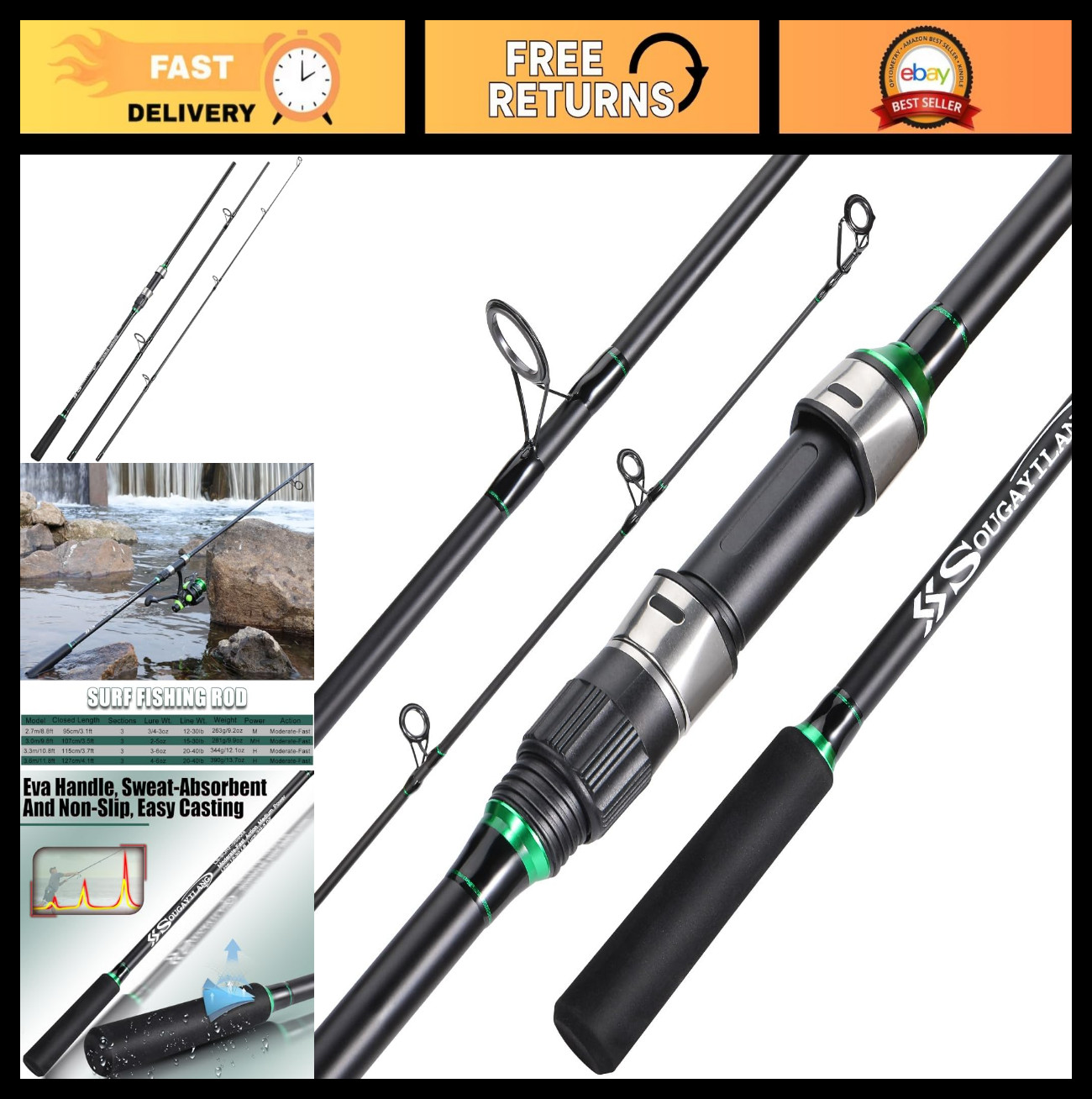 3-Piece IM8 Carbon Surf Fishing Rod – Travel Spinning Rod (9’/10’/11’/12′)