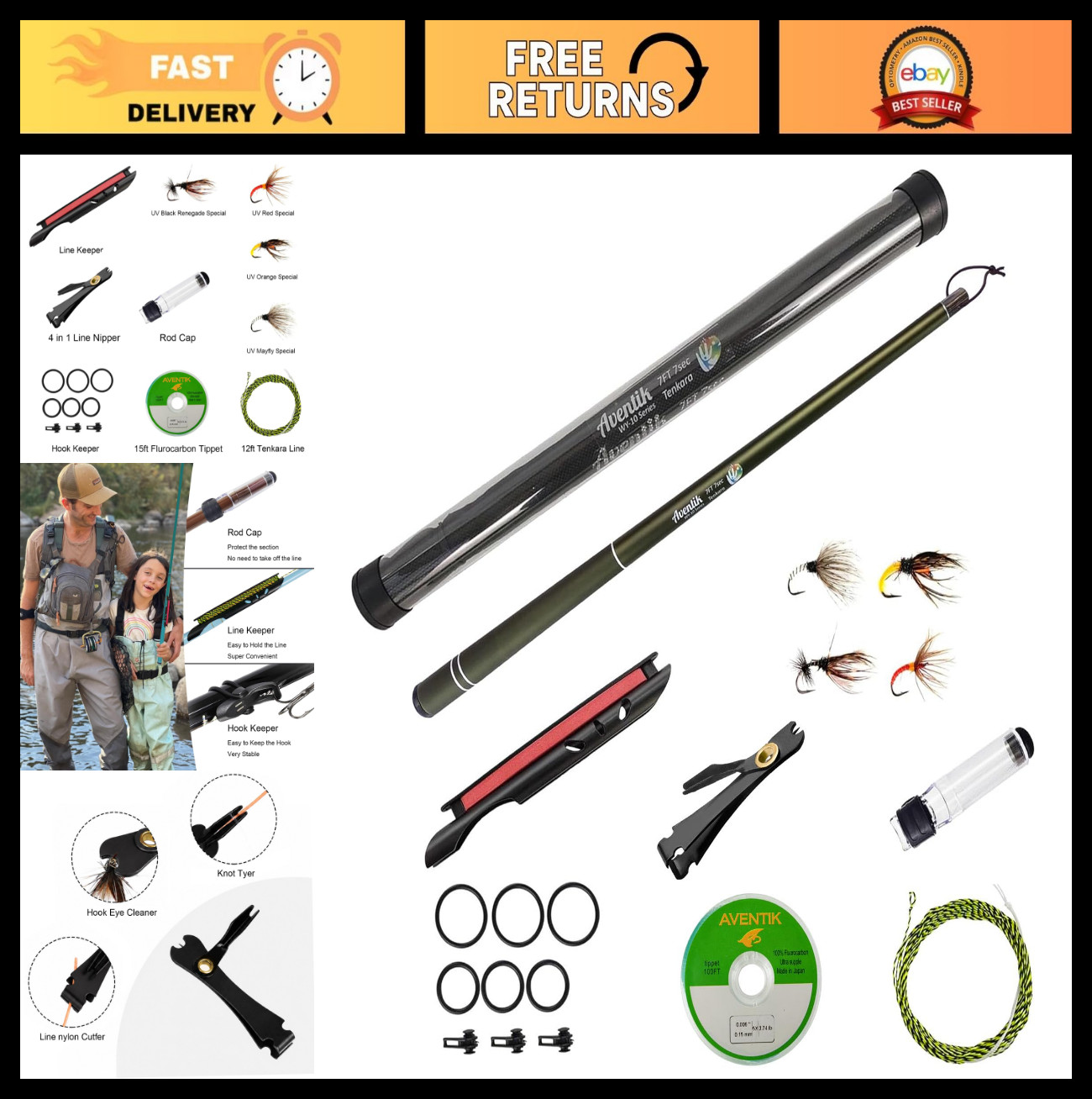 7ft/8ft Tenkara Rod Kit – Lightweight, Durable 24T Carbon Fiber, Easy to Cast, B