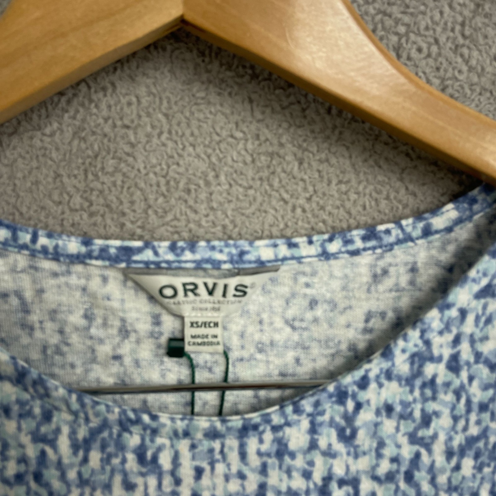 Orvis Women’s XS Blue & White Printed Linen Blend Cap Sleeve Top n1118