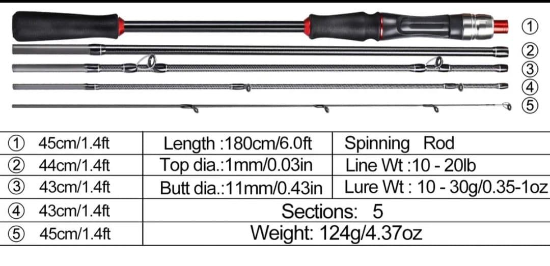 6ft Compact Spinning Rod 10-30g Lure 10-20lb Lightweight 1.8m Used