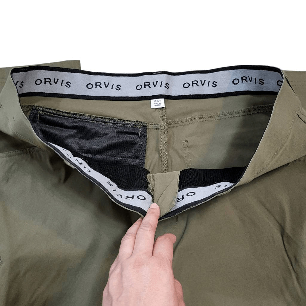 Orvis Mens Tech Pants Olive Green Nylon Water Repellent Zip Fly Size 38 x 34