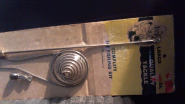 VINTAGE LAKCO COMPLETE ICE FISHING KIT – ROD JIG BELL HOLDER LINE BOBBER – #2