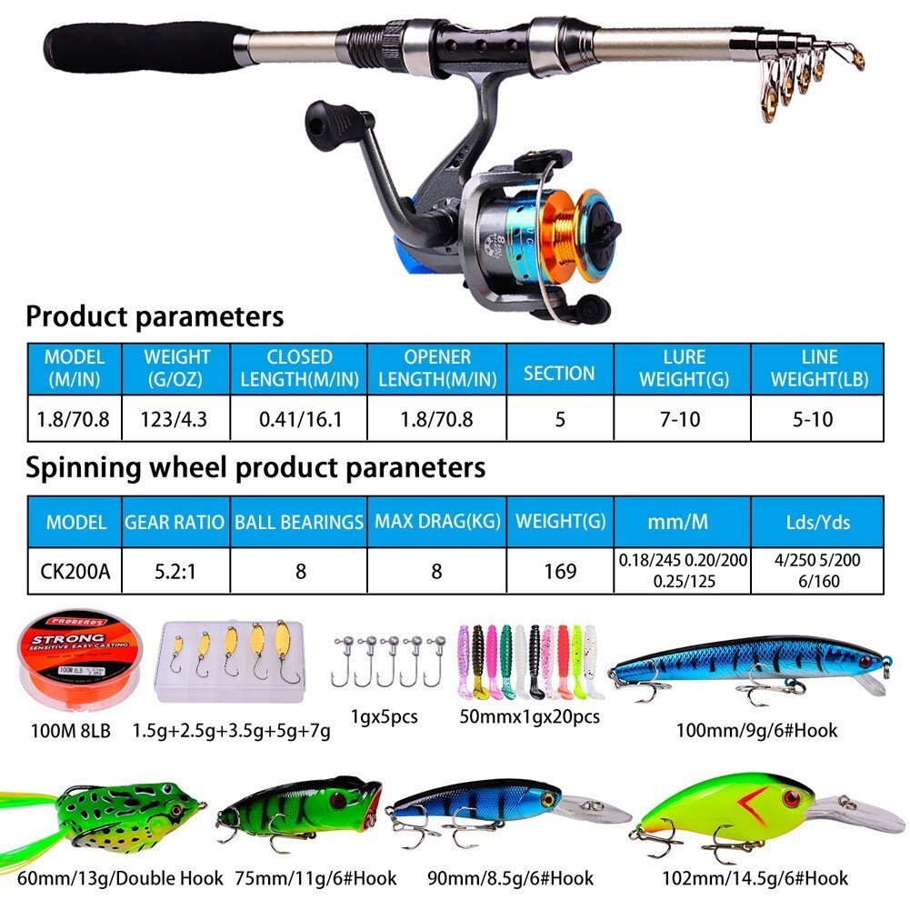 39Pcs Telescopic Fishing Rod Reel Combo Set Casting Rod Spinning Reel Line Lure