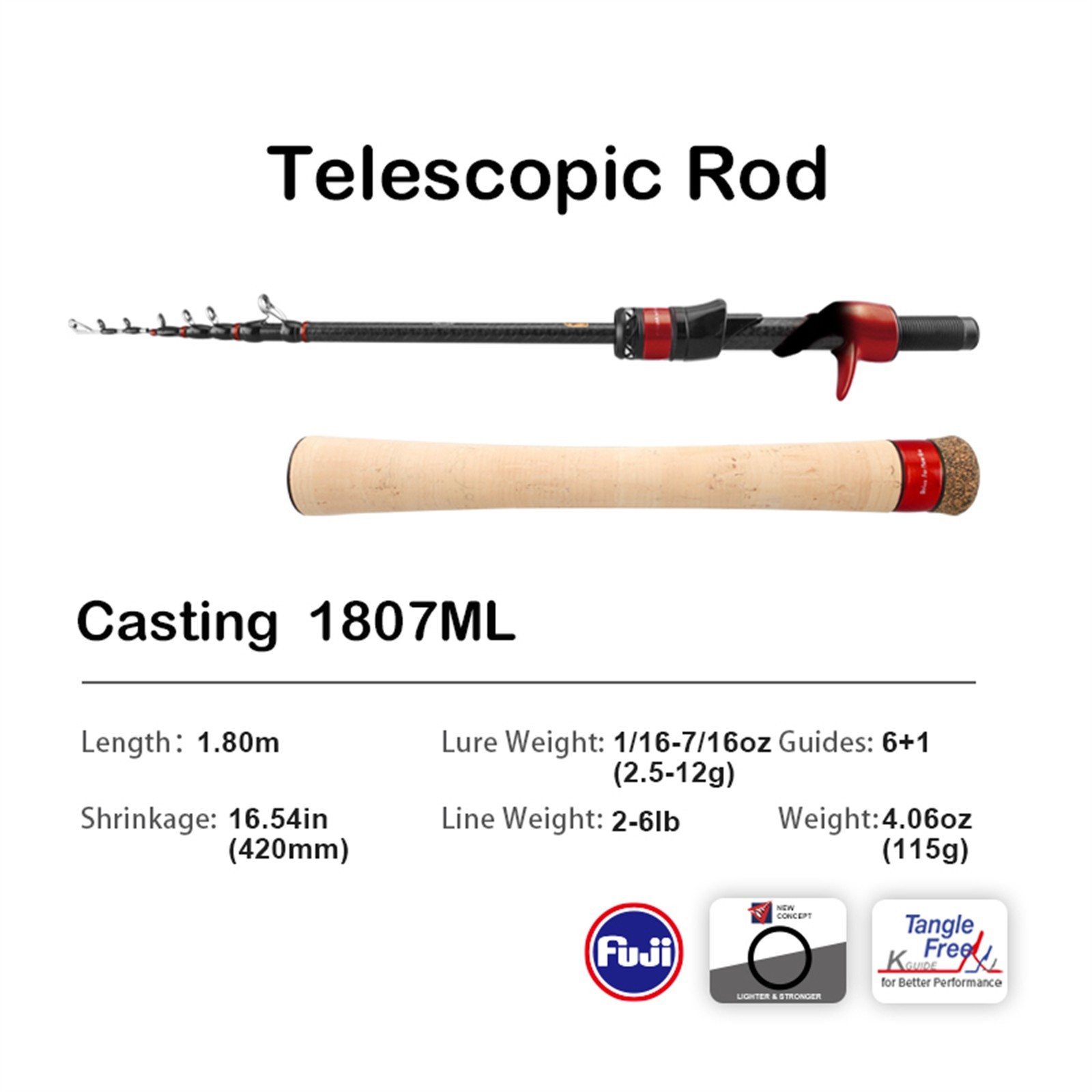 PURELURE New Telescopic 1.86m/2.10m FUJI Guide Travel Portable Lightweight