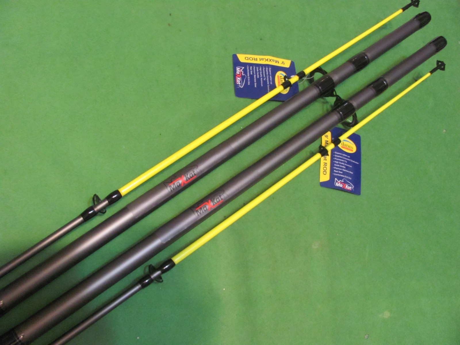 Lot of 2 Danco Max Kat 9′ 0″ Medium Heavy Action Spinning 2-Piece Surf Rods.