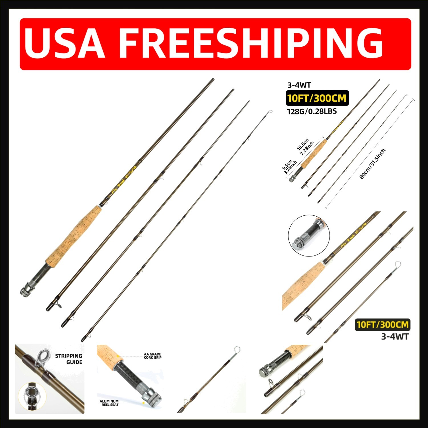 Fly Fishing Rod Carbon Fiber 10ft 3-4wt 4 Piece Sections Medium-Fast Action