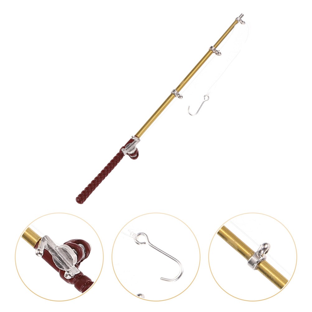 Miniature Small Fishing Pole Model Alloy Fishing Rod for Mini House Decor