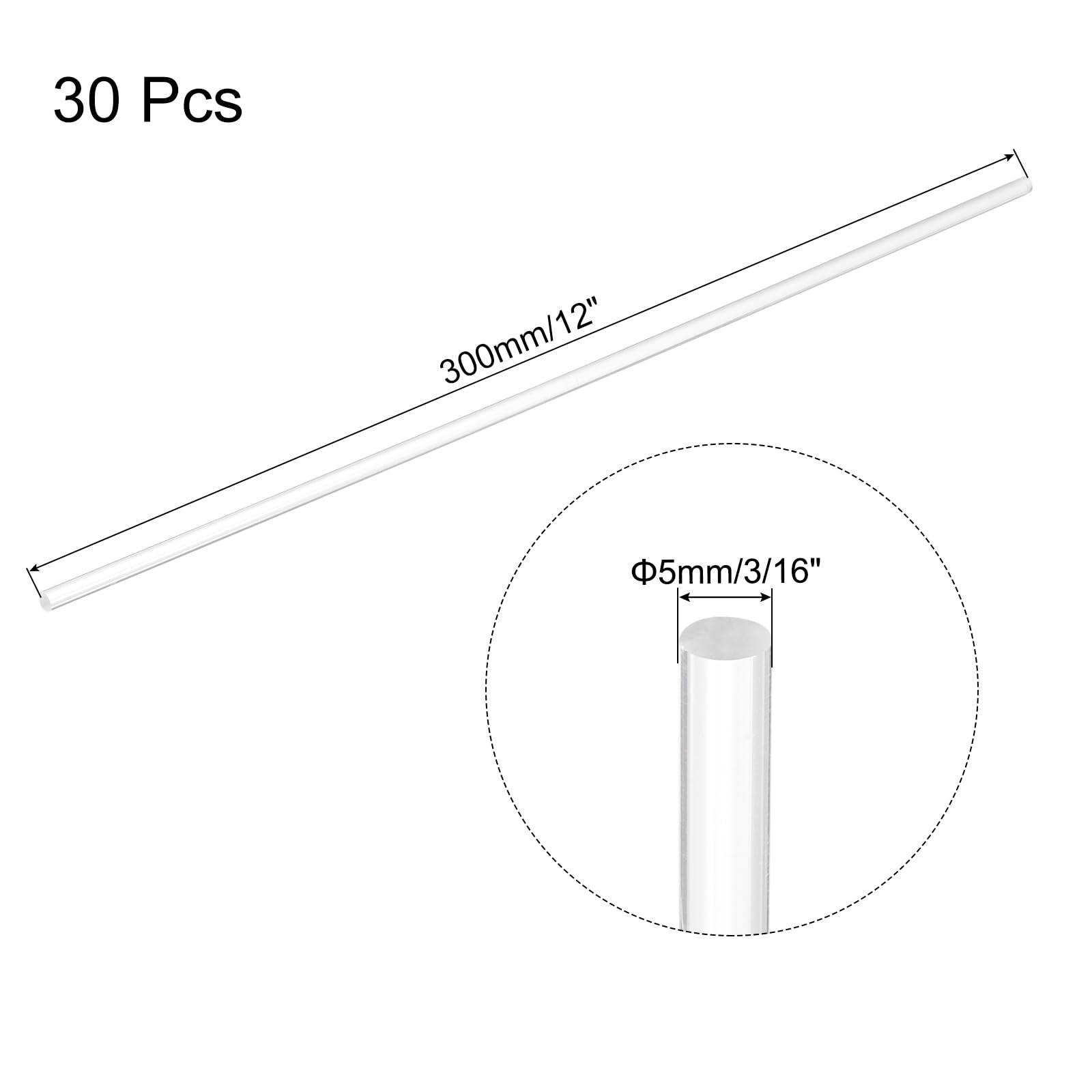 30 PCS 3/16×12 Inch Acrylic Clear Round Dowel Rods 5x300mm Plastic Sticks