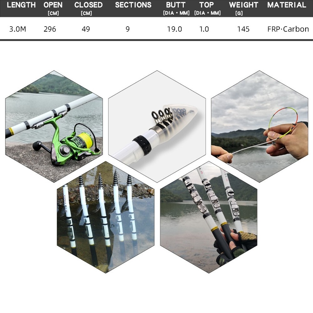 3M/9.84ft Carbon Fiber Telescopic Fishing Rod Ceramic Guide Ring Spinning Pole