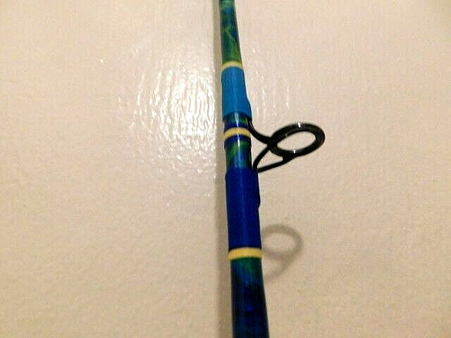 CUSTOM SPINNING ROD MAHI BLUE GREEN YELLOW MARBLE 25-50 LB FUJI GUIDES 7′ NEW
