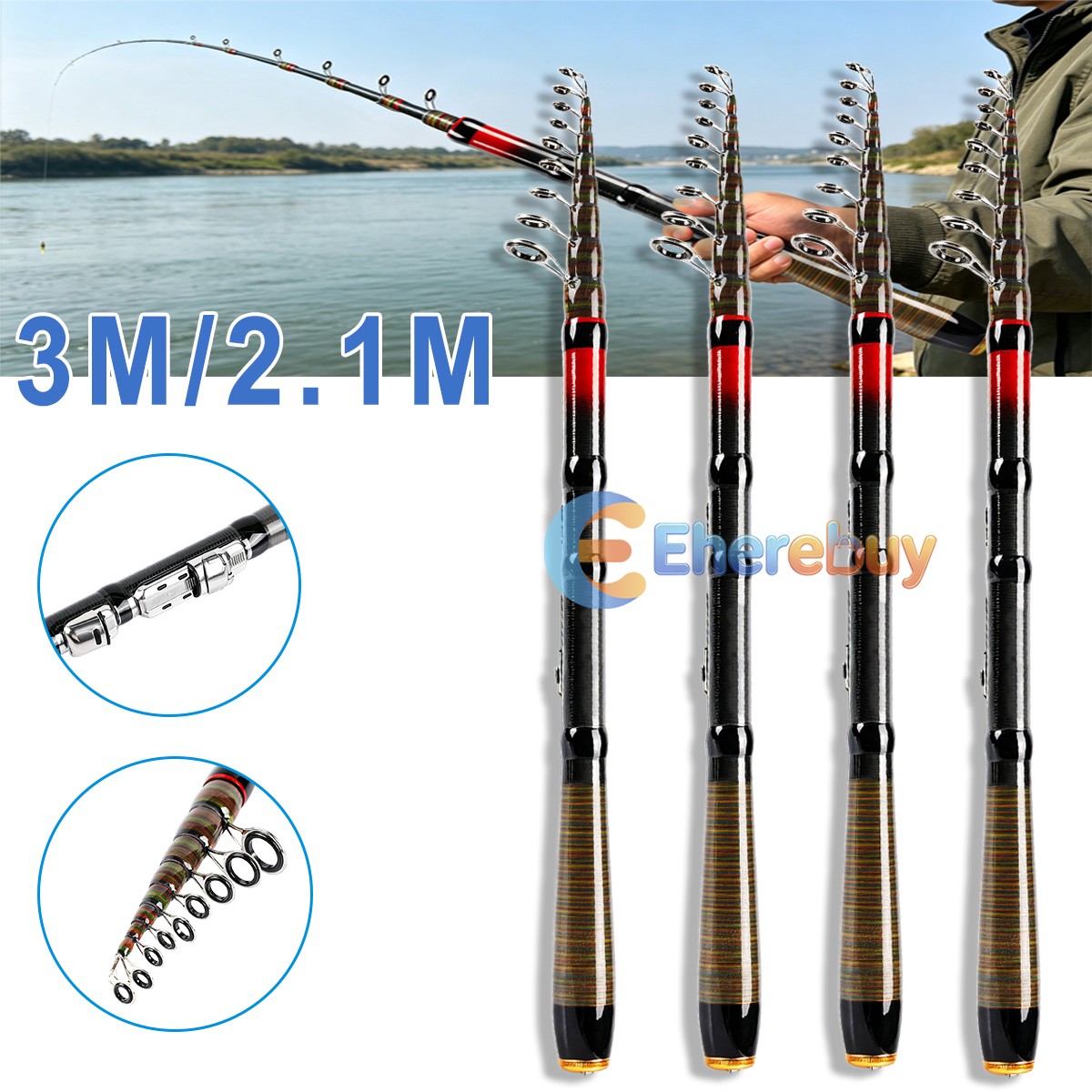NEW 2.1M/ 3M Rod Pole Heavy Duty Carbon Fiber Sea Pond Lake Freshwater Saltwater