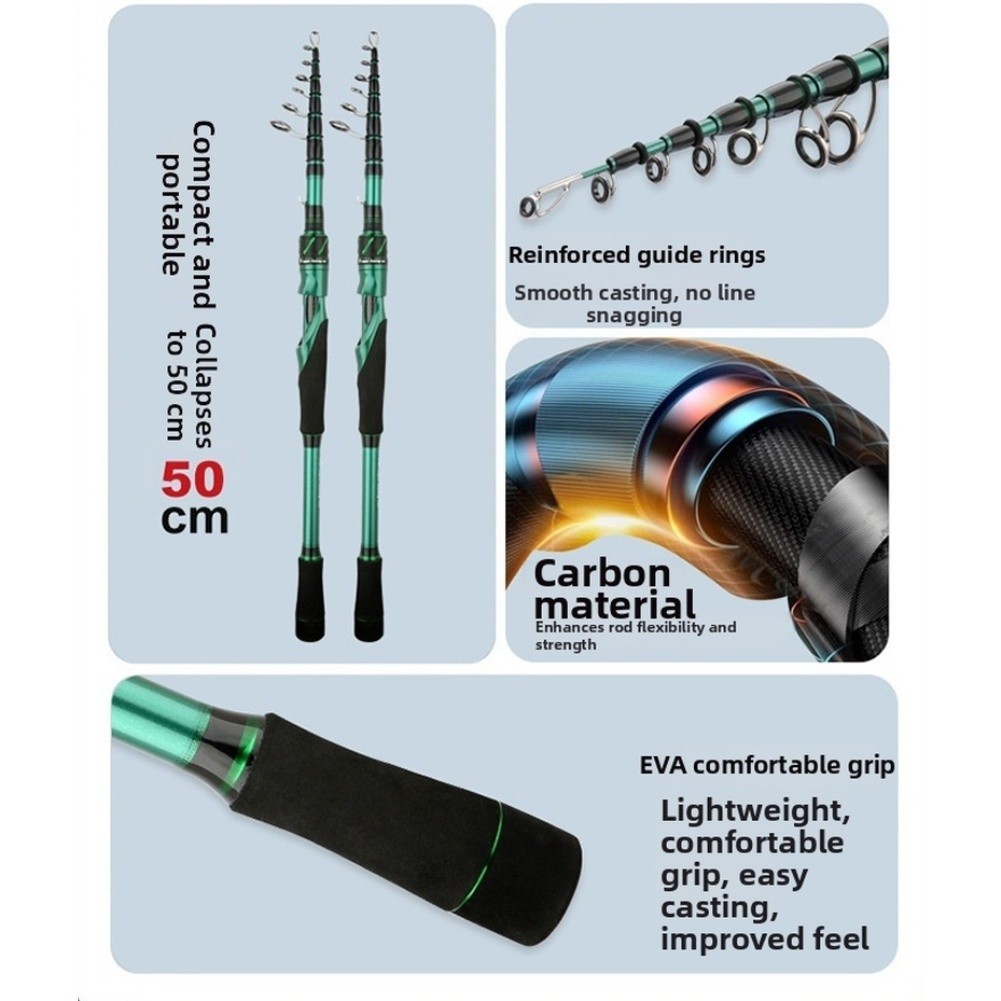 Compact Carbon Fishing Rod M Hard Action 50cm Folded 1.8m 2.1m 2.4m Extended