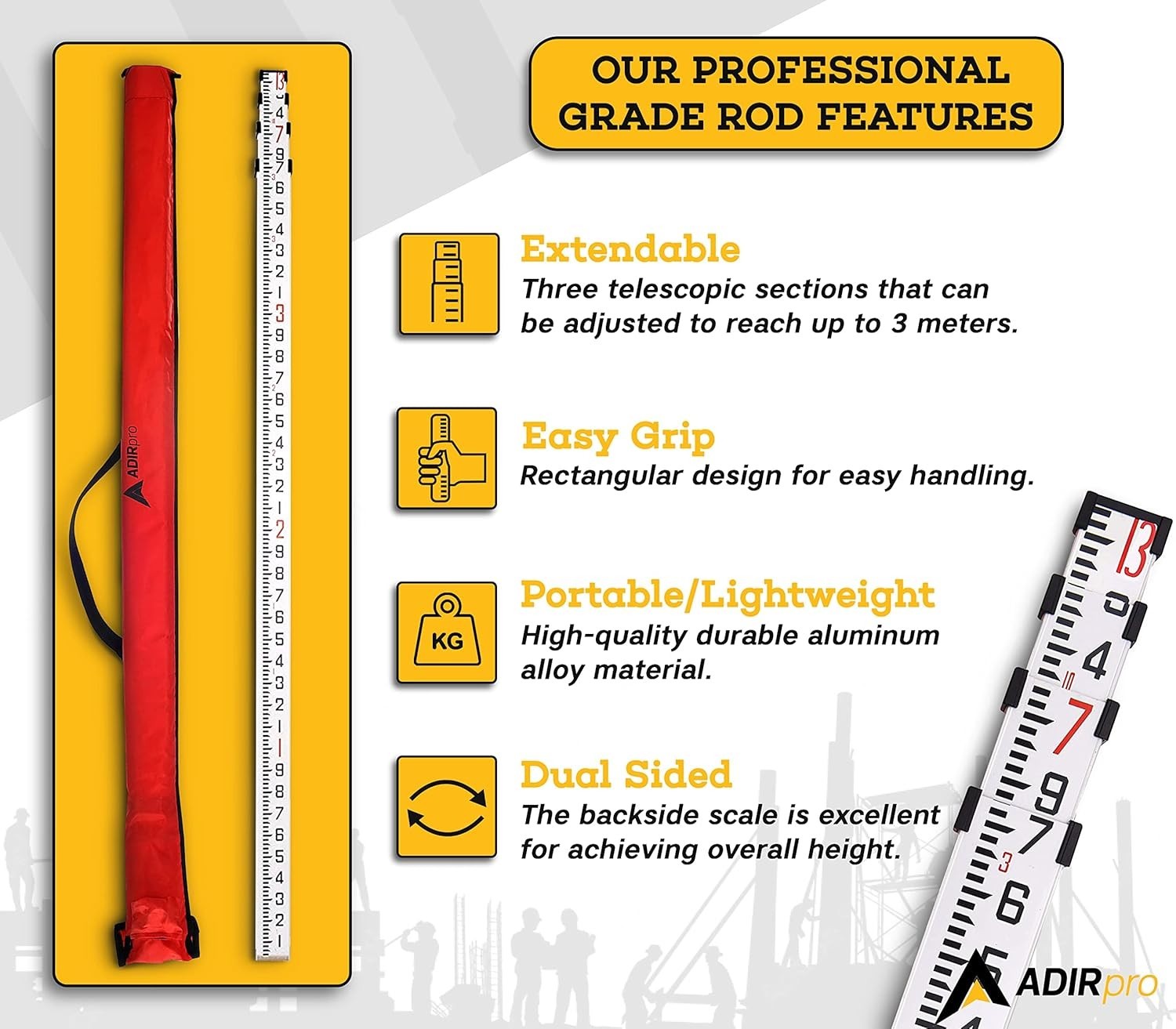 Extendable 14 ft Aluminum Grade Rod | Clear Dual Graduations & Soft Carrying Bag