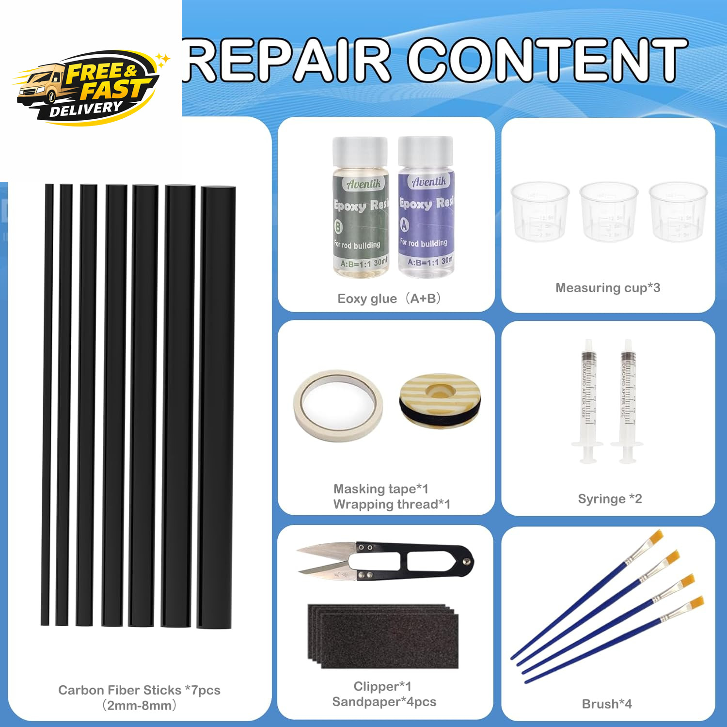Fishing Rod Repair Kit Complete with Accesssories, Carbon Fiber Stick Fishing