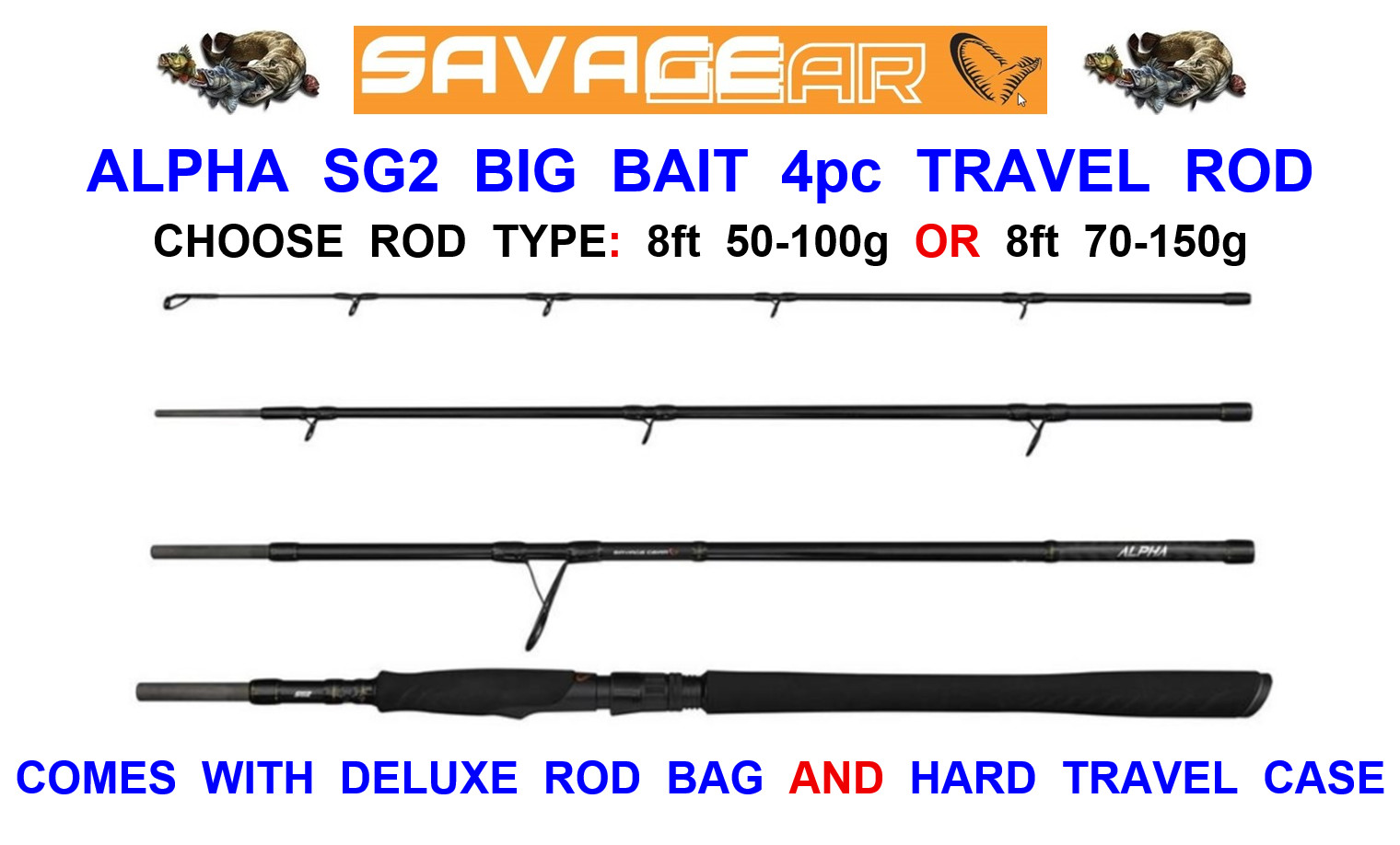 SAVAGE GEAR ALPHA SG2 BIG BAIT 4pc TRAVEL ROD+CASE BASS PIKE PREDATOR FISHING