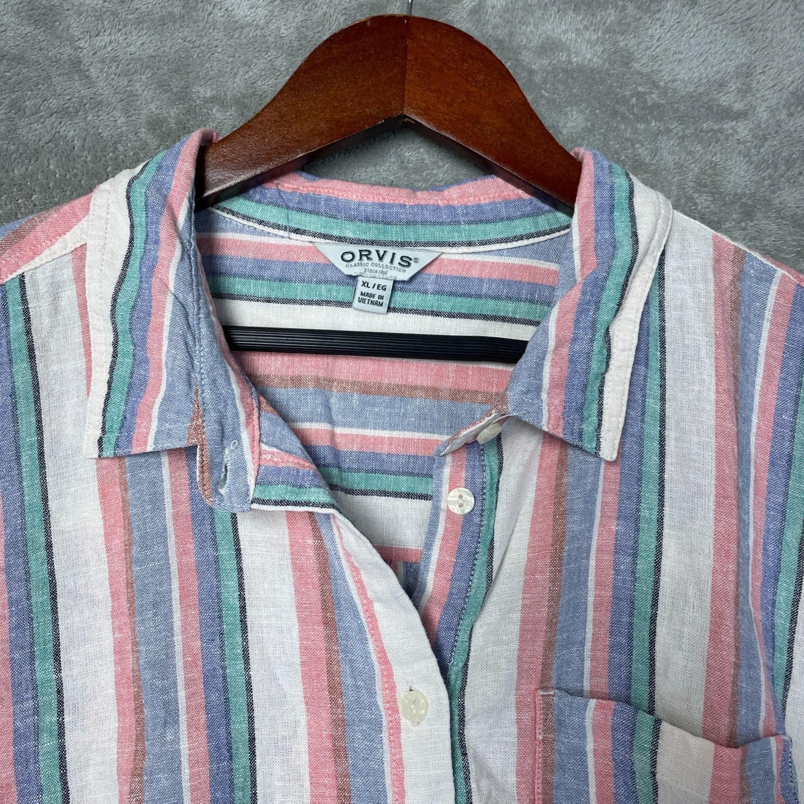 NWOT Orvis Women’s XL Button-Up Shirt Striped Linen Blend Short Sleeve i1992