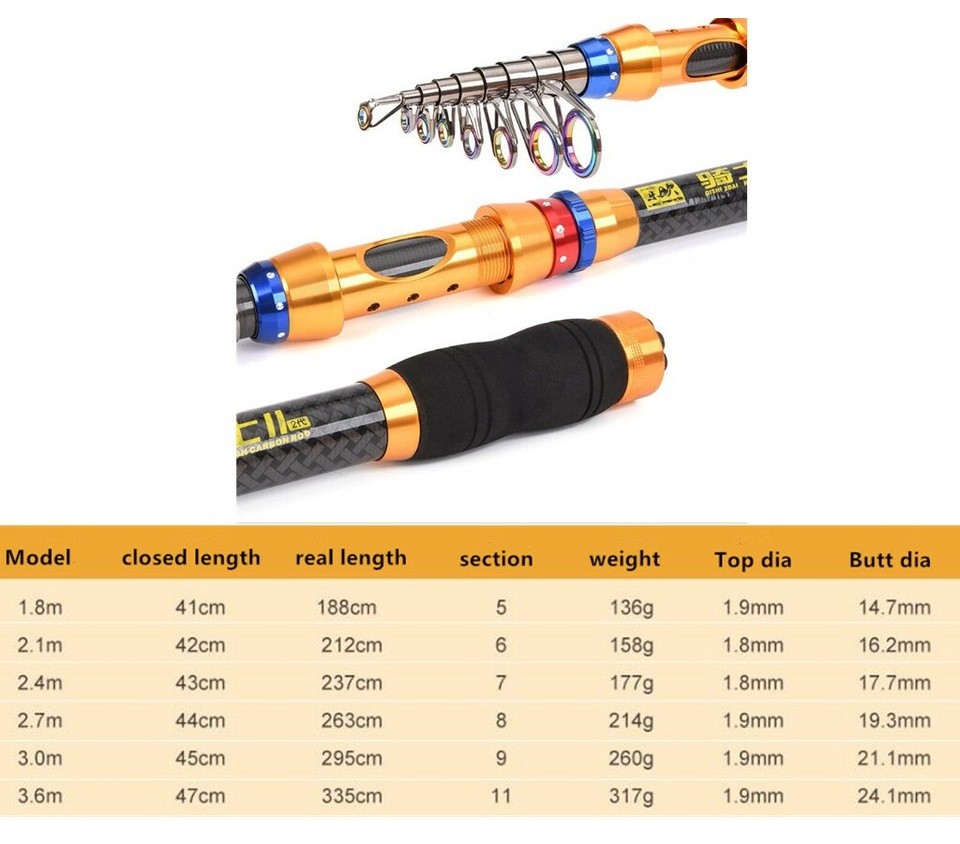 Fishing Rod Carbon Fiber 1.8M 2.1M 2.4M 2.7M 3.0M 3.6M Telescopic Fishing Rods