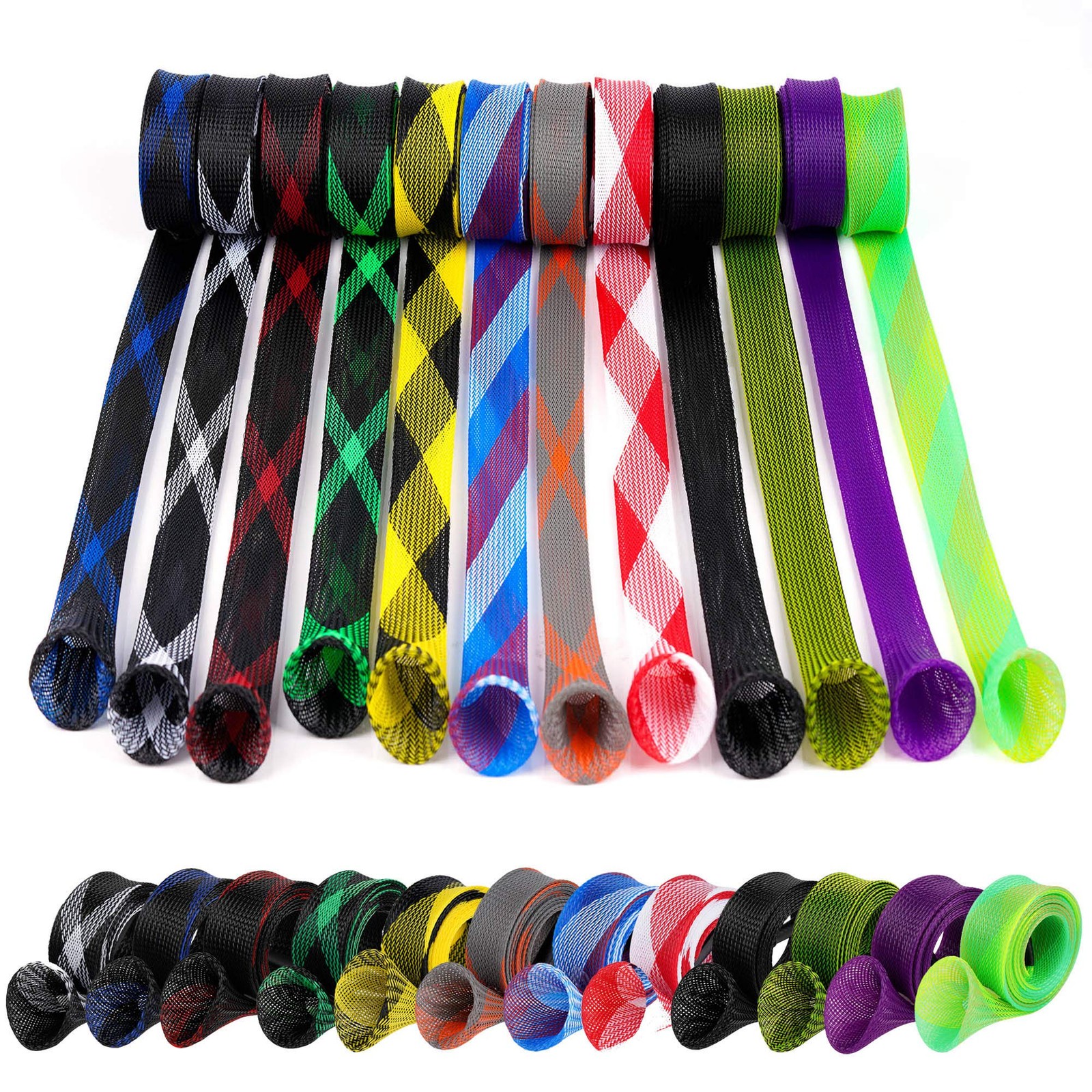 6.5 feet, black, purple, red/white and blue, gray orange, black white, gree