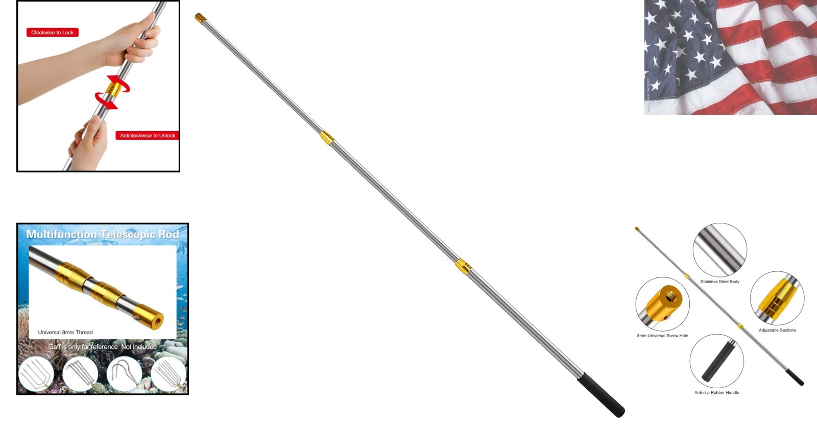 Long Stainless Steel Telescopic Rod ，Replaceable Harpoon, Telescopic Rod can …
