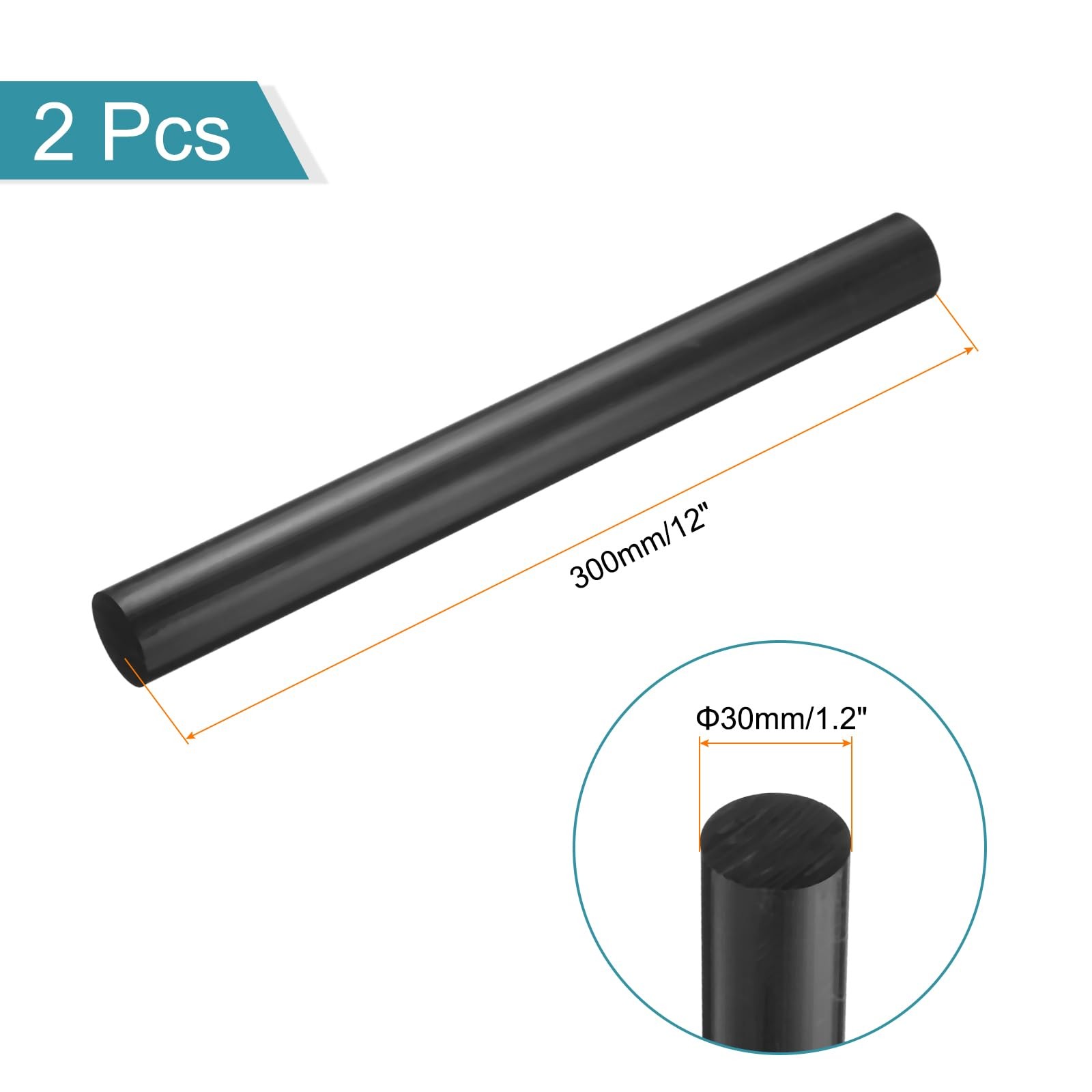 2 PCS Black Round ABS Plastic Rods 1.2 Inch Diameter 12 Inch Length DIY Rod