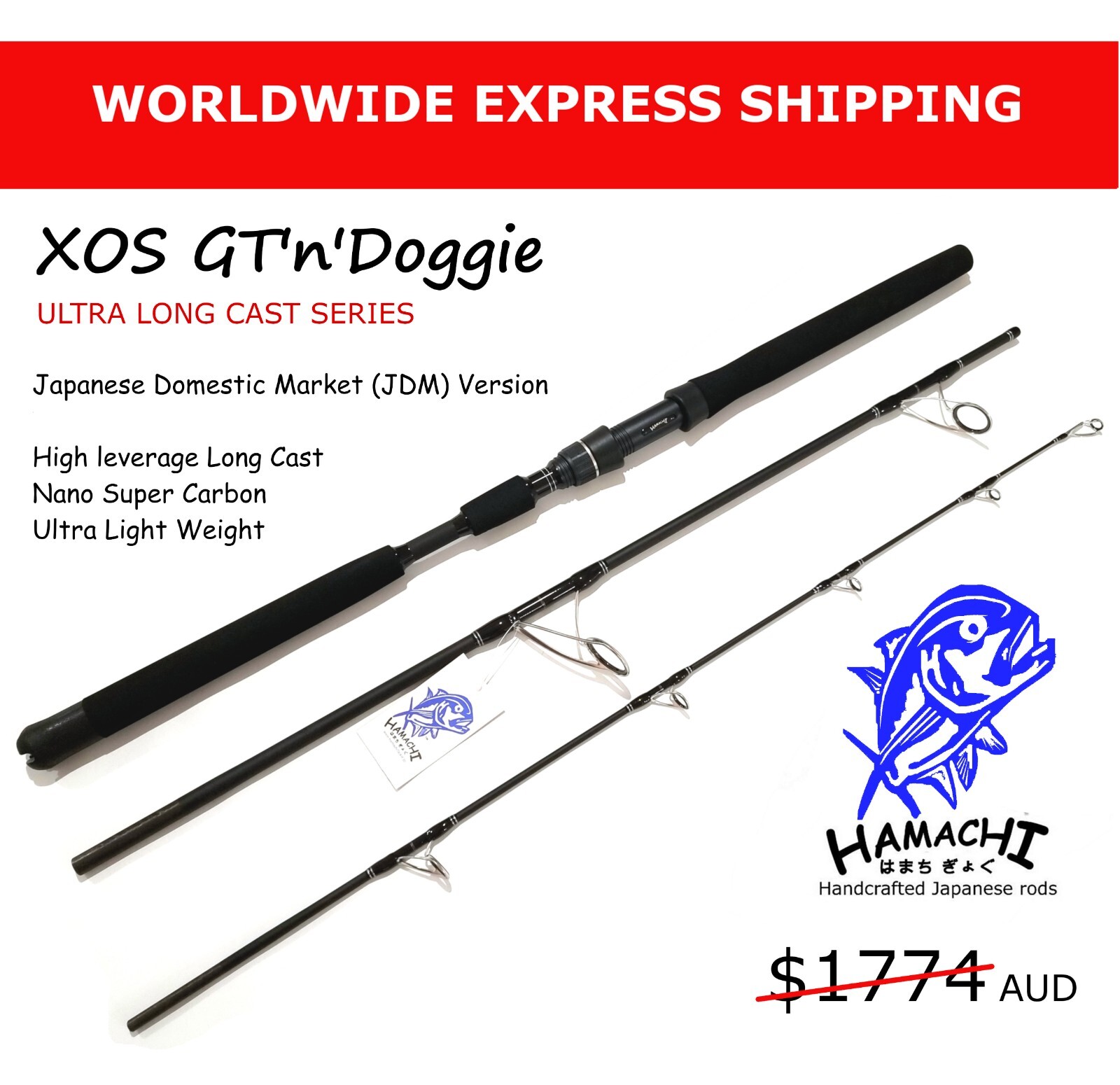 2023 HAMACHI 9’6 XOS GT’n’Doggie Ultra Cast 20 – 40lb Japanese spin fishing rod