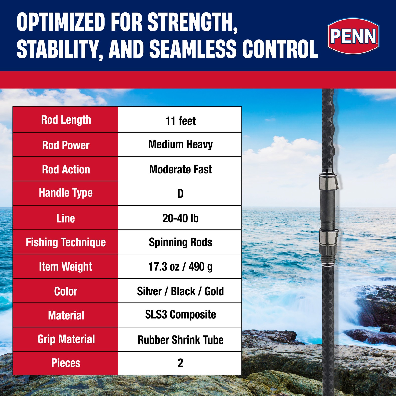 PENN Carnage III Spinning Surf Rod, 11′ Fishing Pole, Medium Heavy (Open Box)