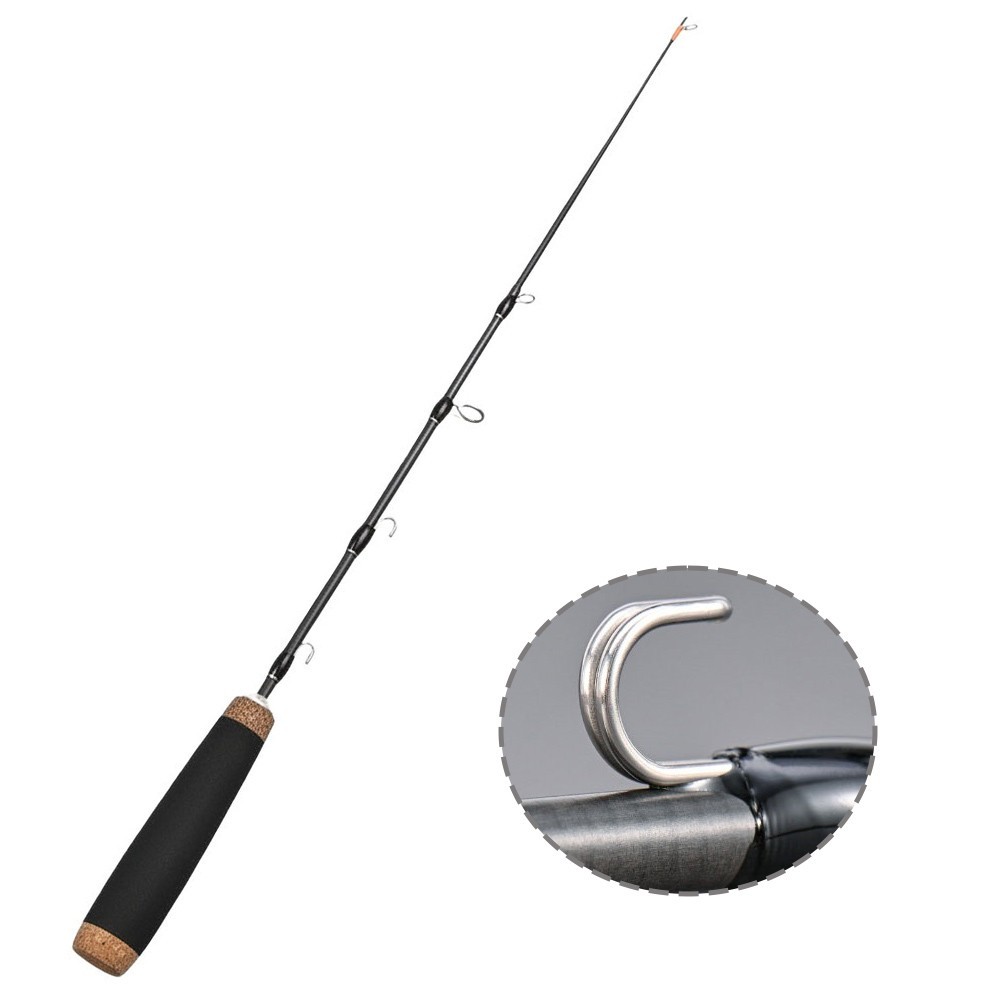Wooden Grip Ice Fishing Rod Two Section Carbon 50cm Telescopic With Line Buckle