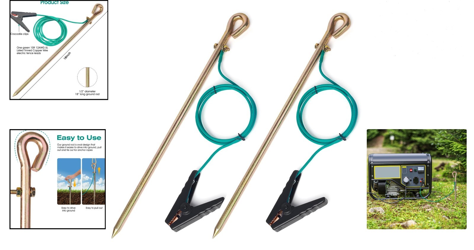 Set of 2 Portable Ground Rods with 4ft Listed Grounding Wire & Crocodile Clip