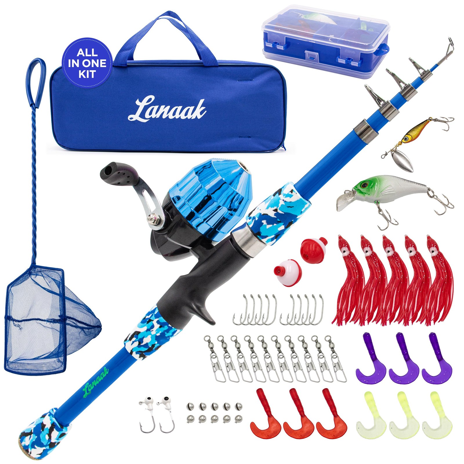 Lanaak Kids Fishing Pole and Tackle Box – with Net, 1.5m or 4.9 FT, Blue