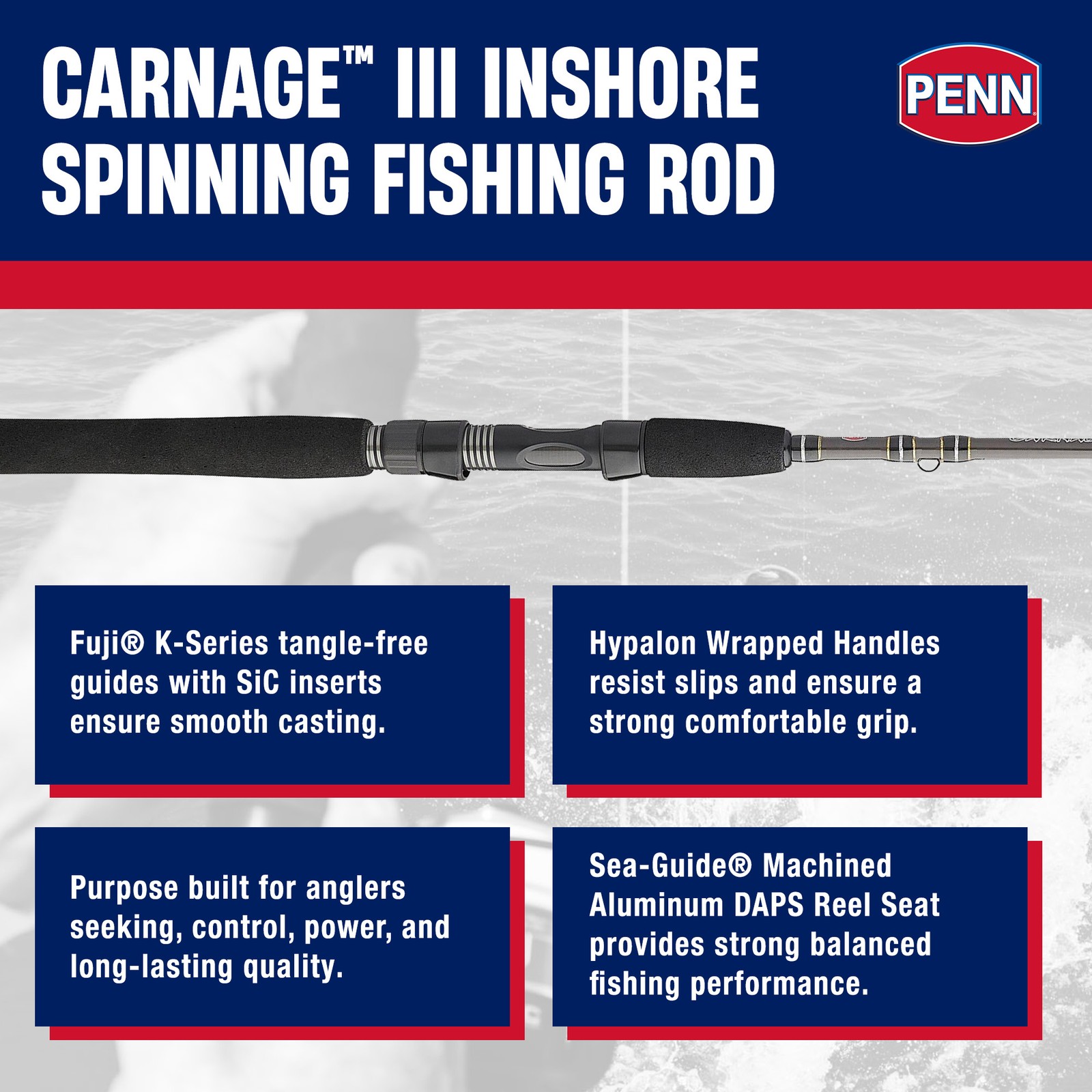 PENN Carnage III Inshore Spinning Rod, 7′ Fishing Pole, Medium Power, Extra Fast