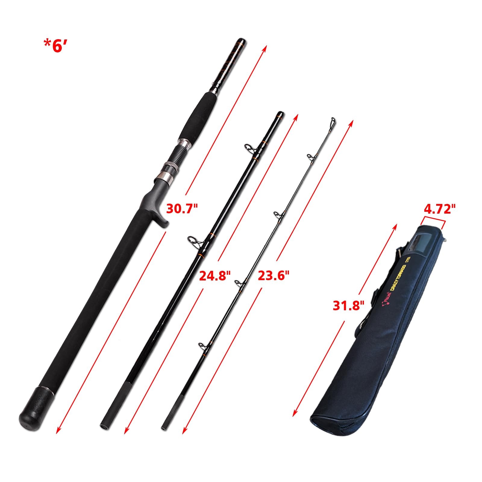 Portable Saltwater Offshore Heavy 3-Piece Travel Graphite Baitcasting Fishing Po