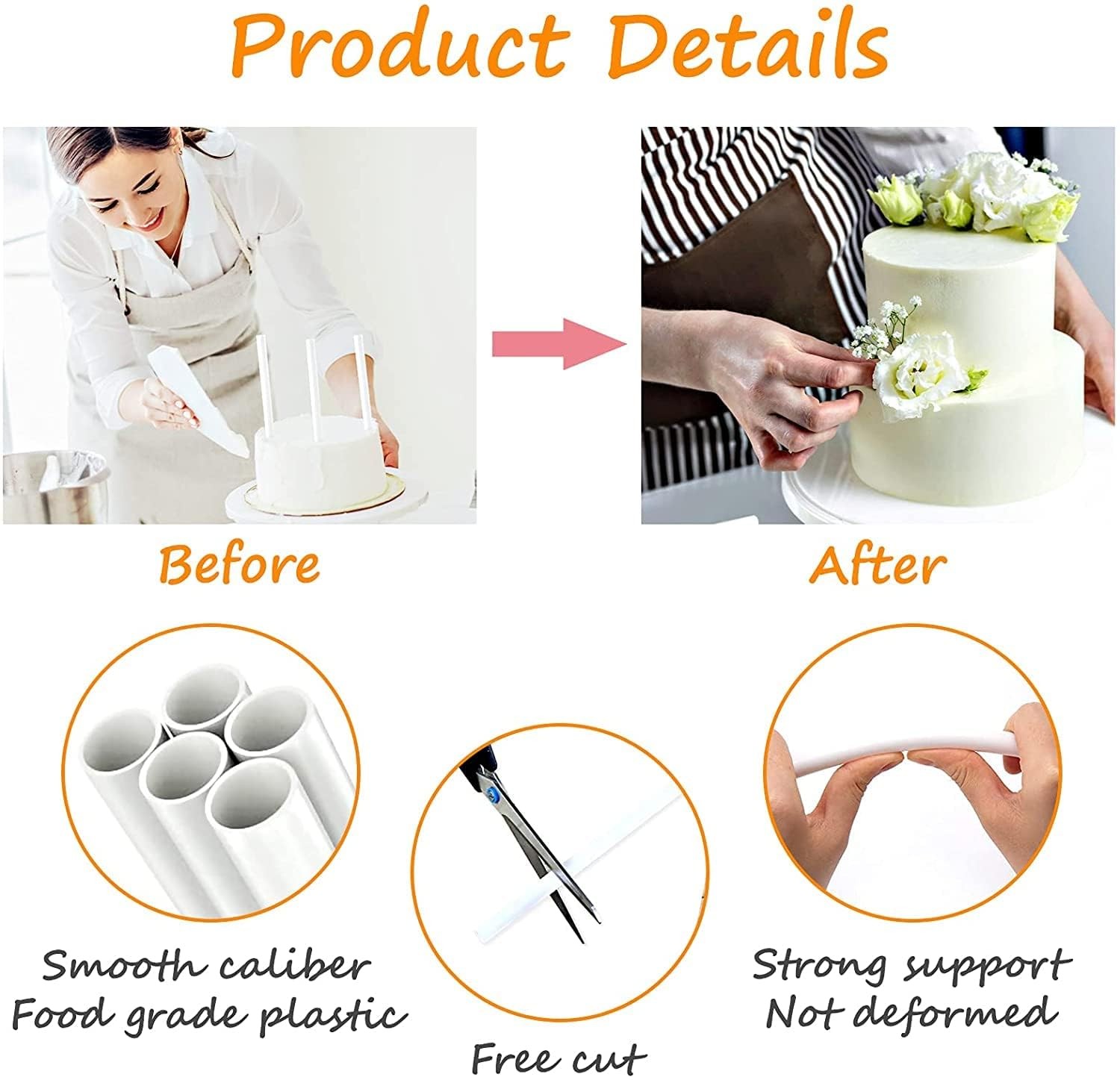 Plastic Cake Dowel Rods White 14 Inch Stacking Support Straws Round 10 PCS