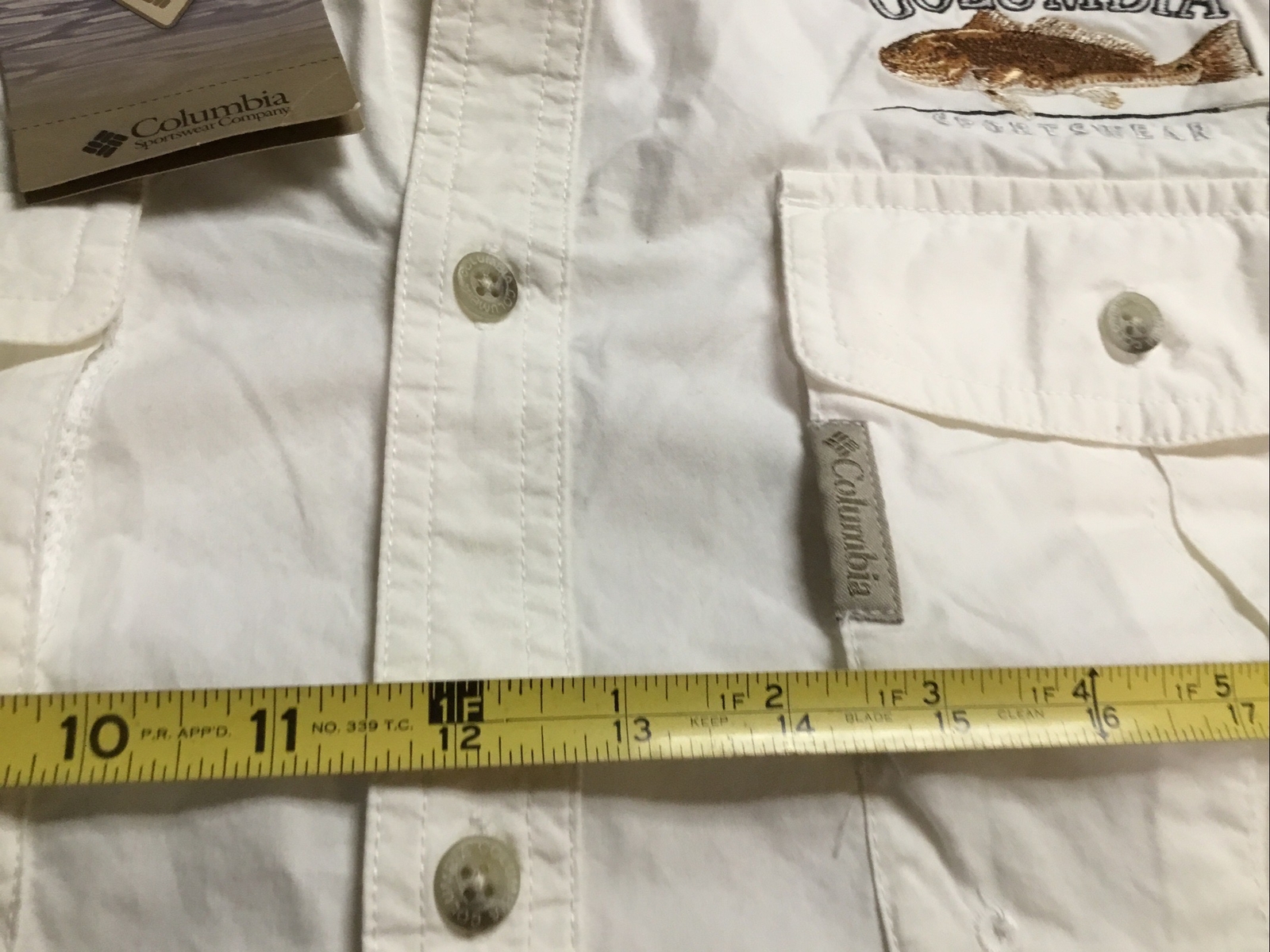 Columbia NWT FISHING SHIRT PFG Sz L White All Cotton Redfish Emblem Men L