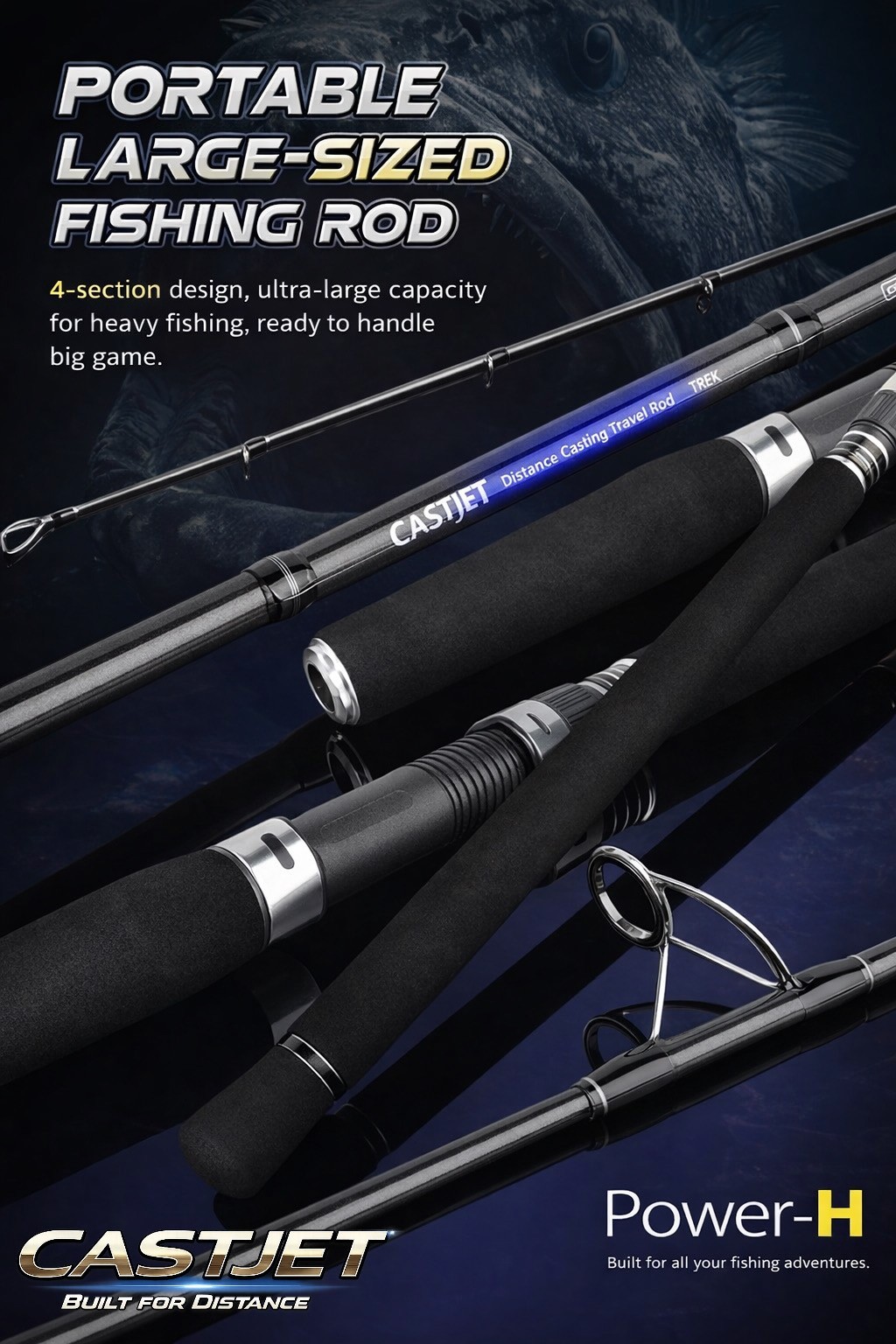 CASTJET 4-Piece Travel Surf Fishing Rod 7ft/8ft Heavy Spinning, Long Casting