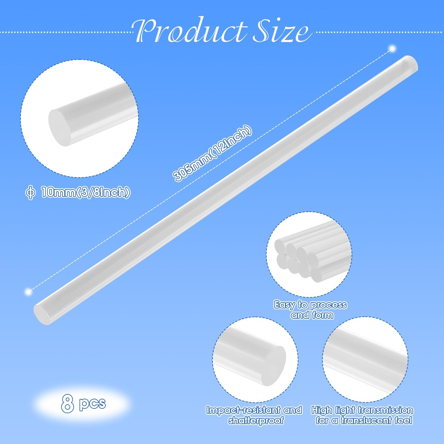 8 PCS 12 Inch 3/8 Diameter Clear Acrylic Dowel Rods 10x305mm Plastic Sticks