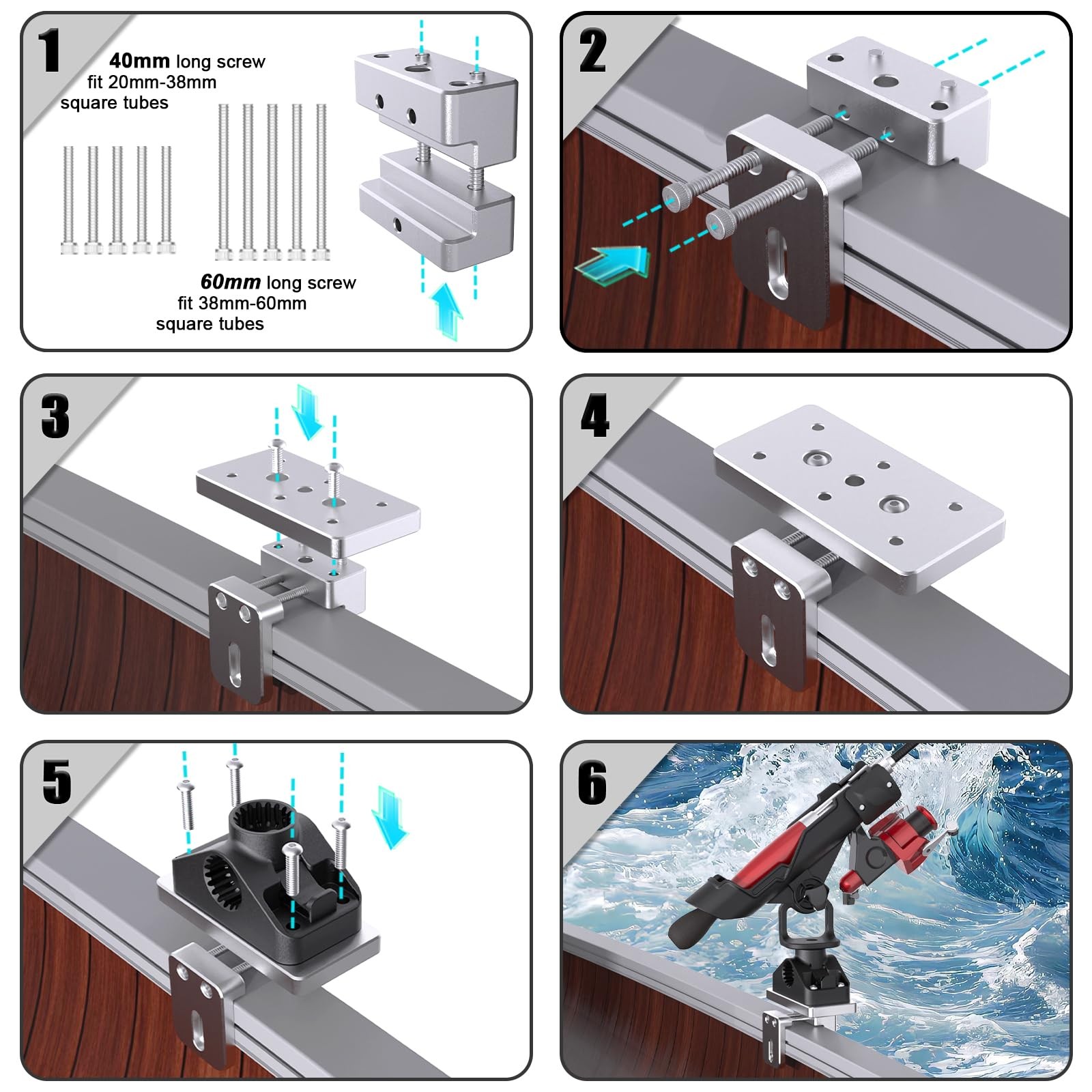 Boat Fishing Rod Holders w/ Square Rail & Track Mount – 360° Adjustable ABS