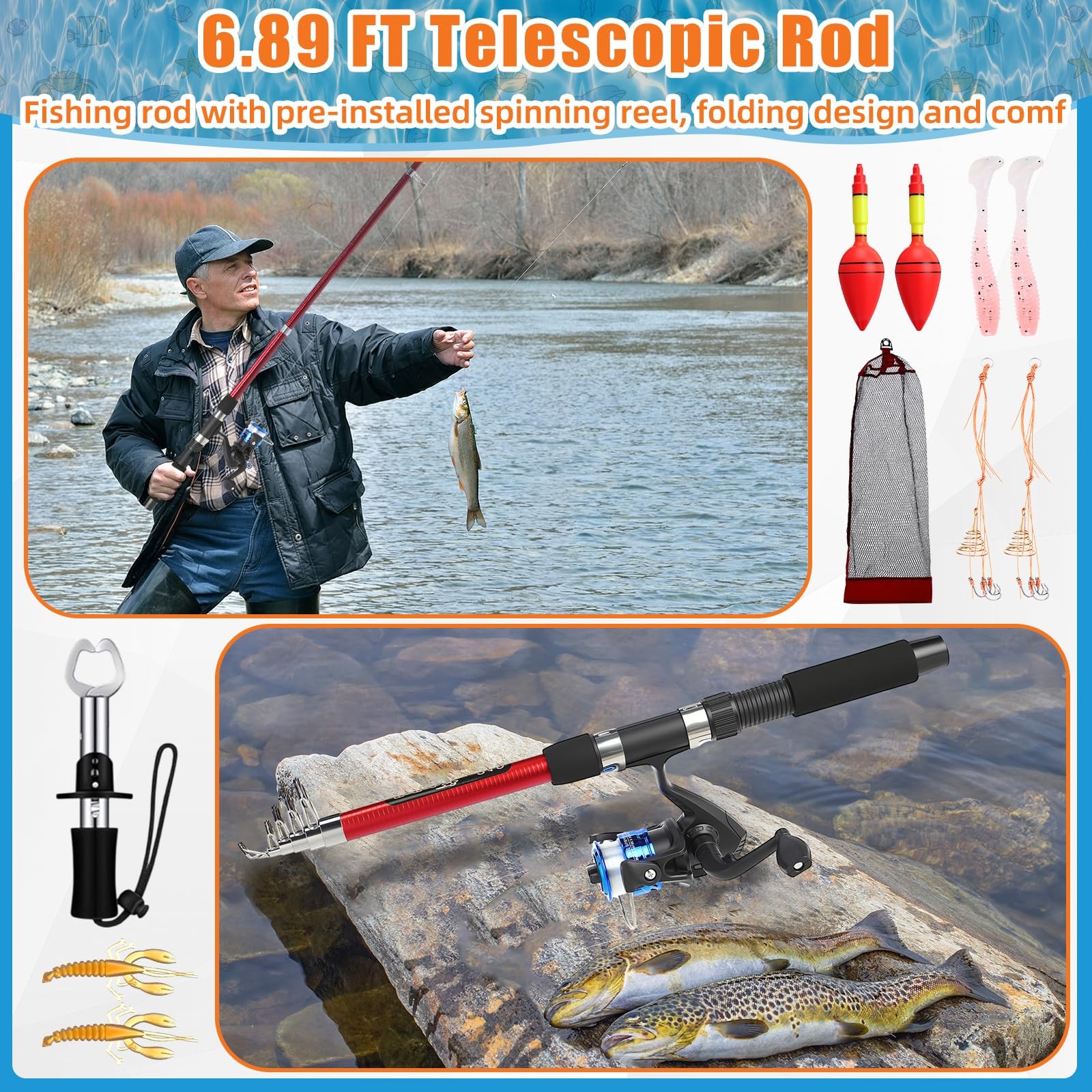 MiniInflat Telescopic Fishing Rod and Reel Combo, 6.89ft 2pcs Collapsible Rod wi
