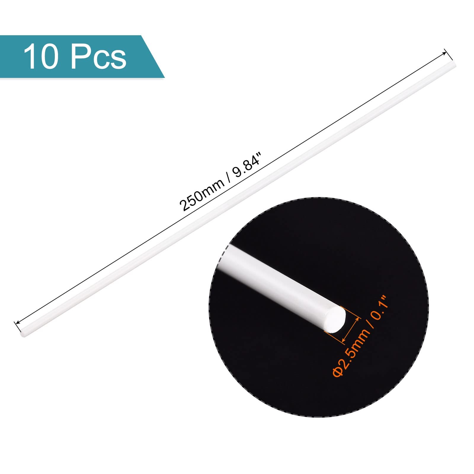 10 Pack 2.5mm x 250mm ABS Plastic Rod Round Solid White Bar for DIY Model
