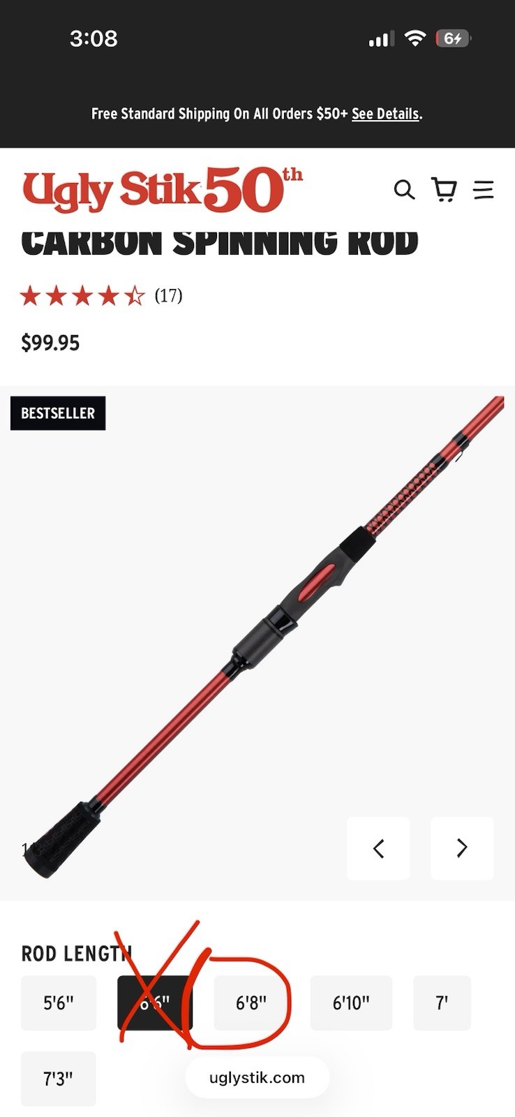 Ugly Stik Carbon Spinning Rod 6’8″ Medium Medium Fast 6-12lb 1/8-1/2oz