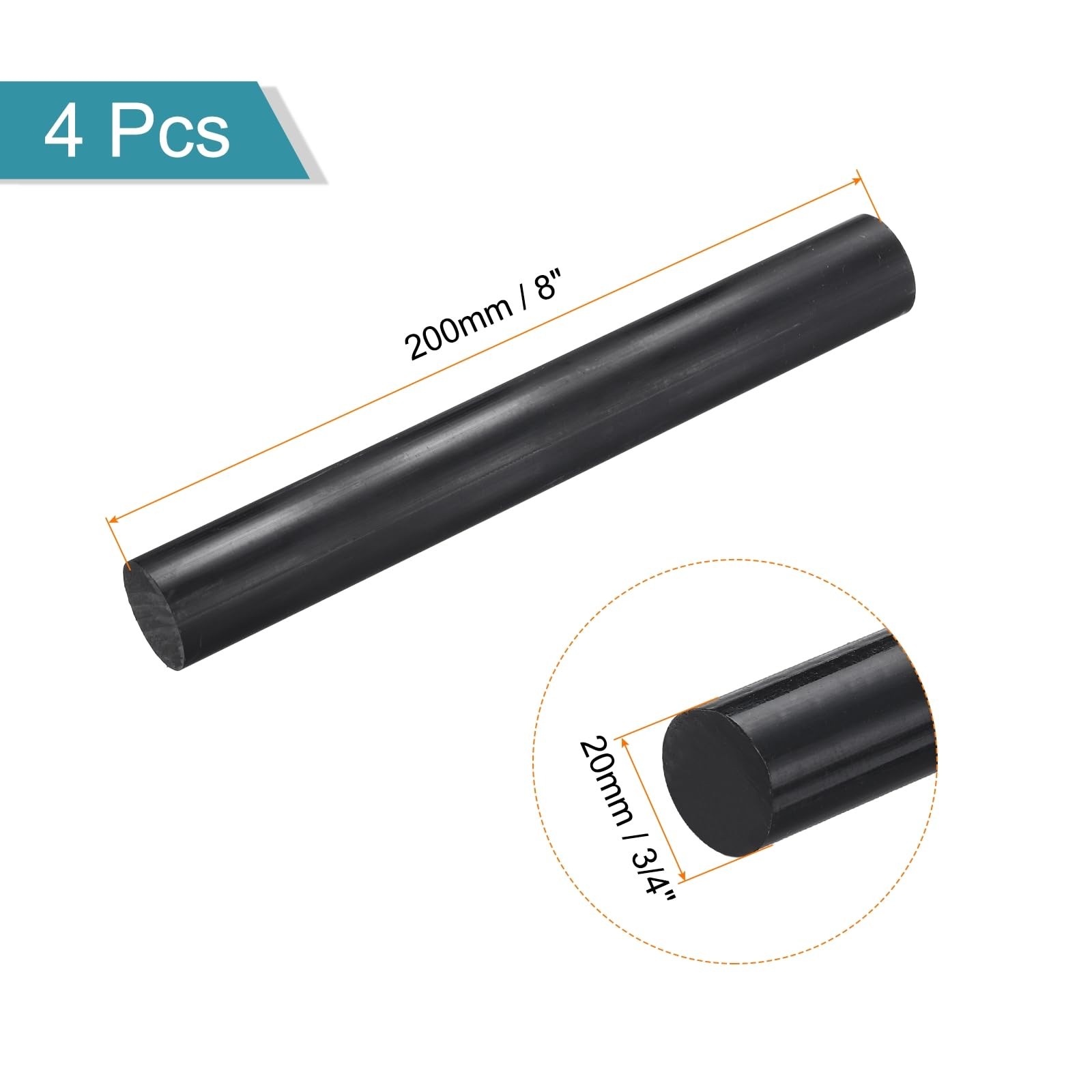 4 PCS 20x200mm Black ABS Plastic Round Solid Rod Bar for DIY Model Craft