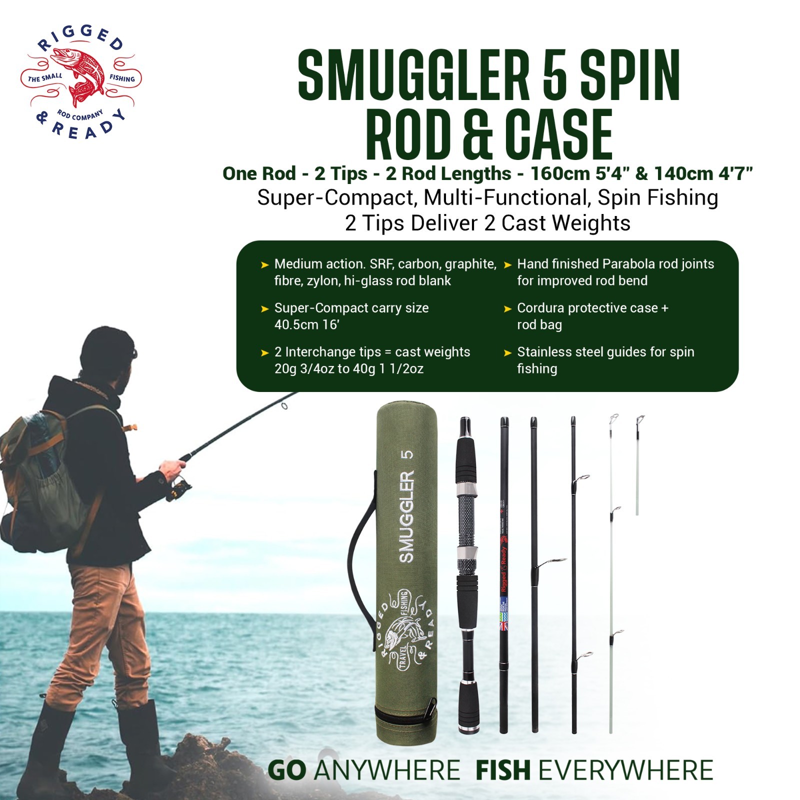 Smuggler 5 Compact Portable Travel Fishing Rod & Case 5.25’ spin,general fishing