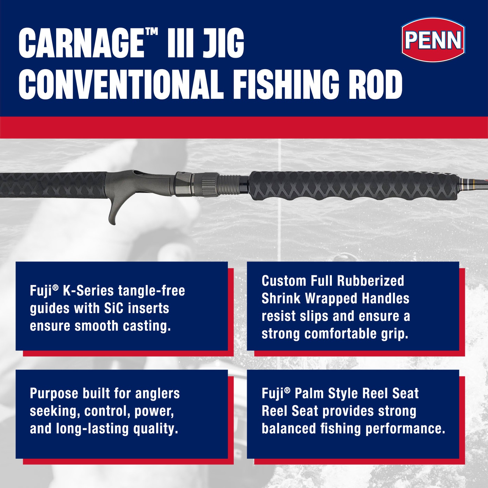 PENN Carnage III Conventional Jigging Rod, 6’2″ Pole, Heavy Power (Open Box)