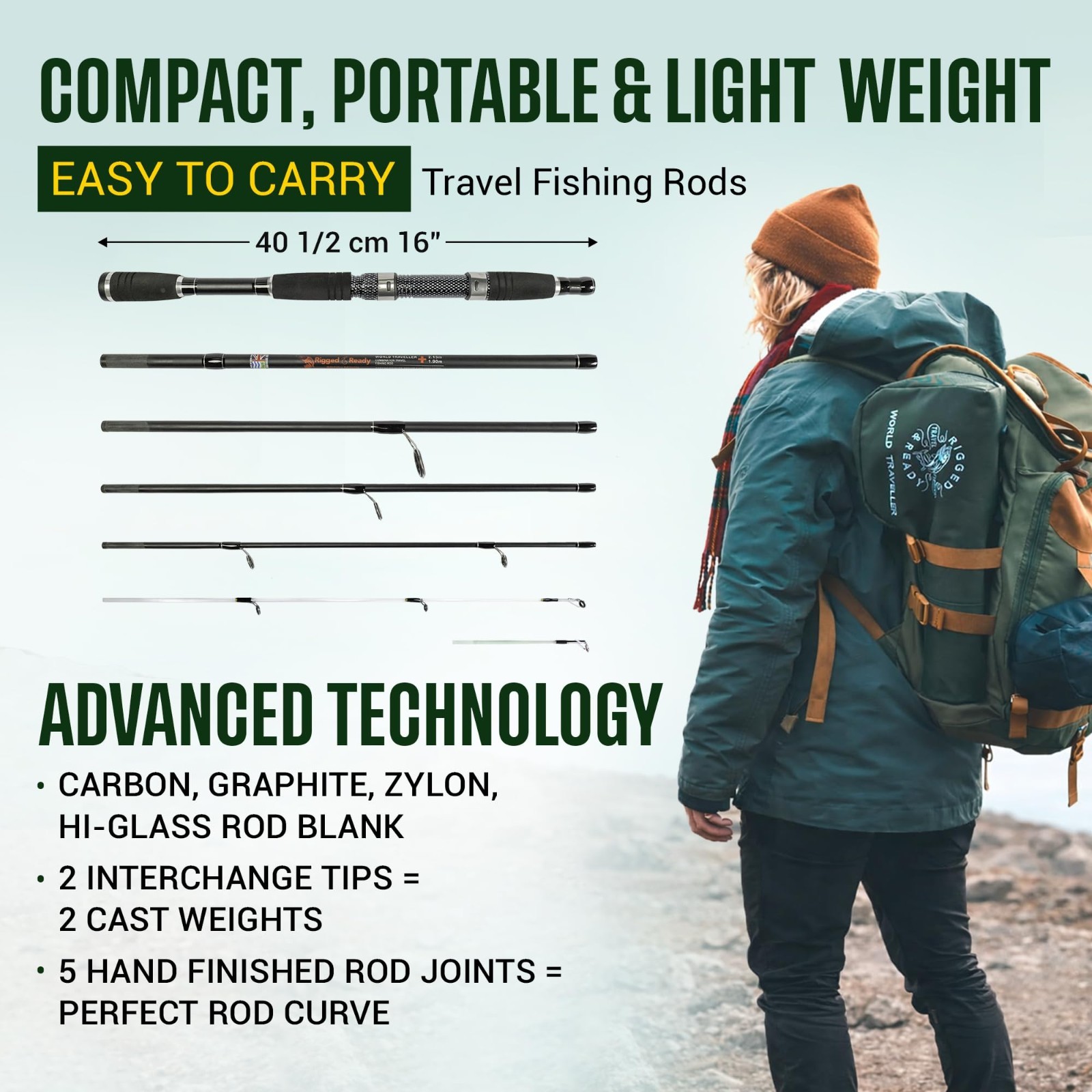 World Traveler Compact Travel Fishing Rod-Reel-Case combo Spin & General Fishing