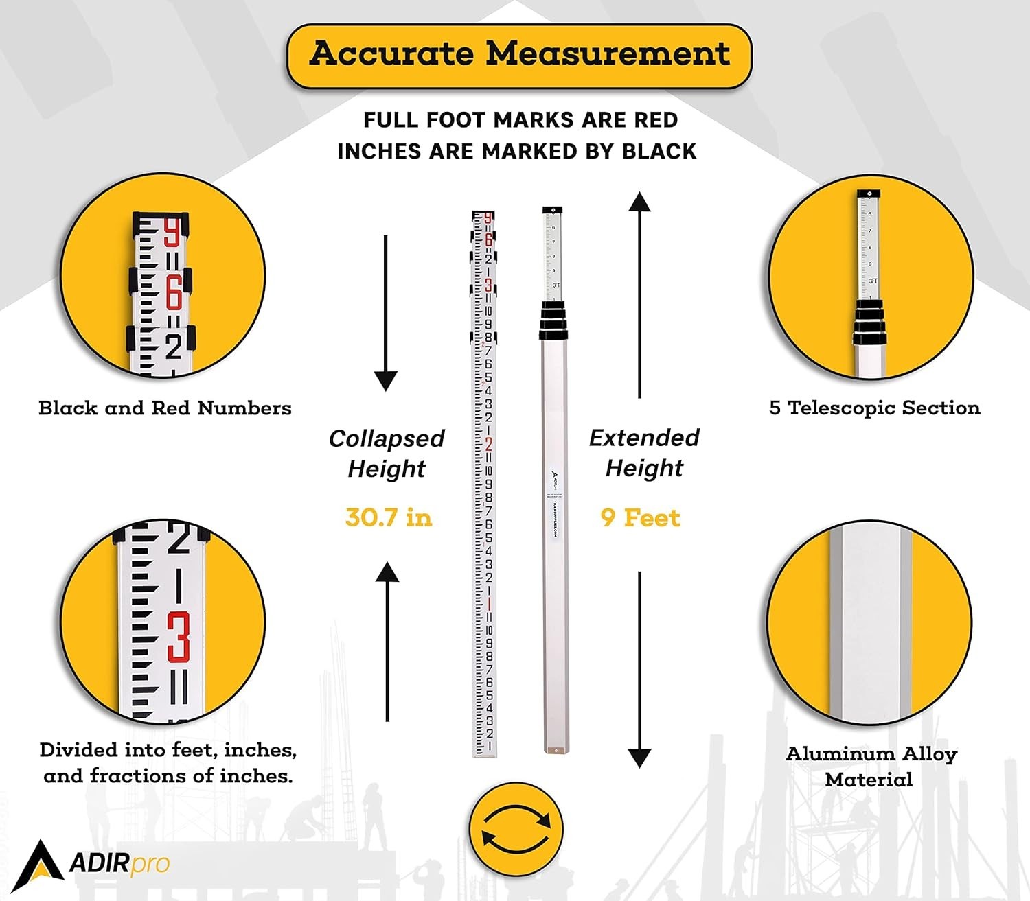 Precision Grade Rod with 8th Foot Graduations – 9 ft Lightweight Aluminum Design