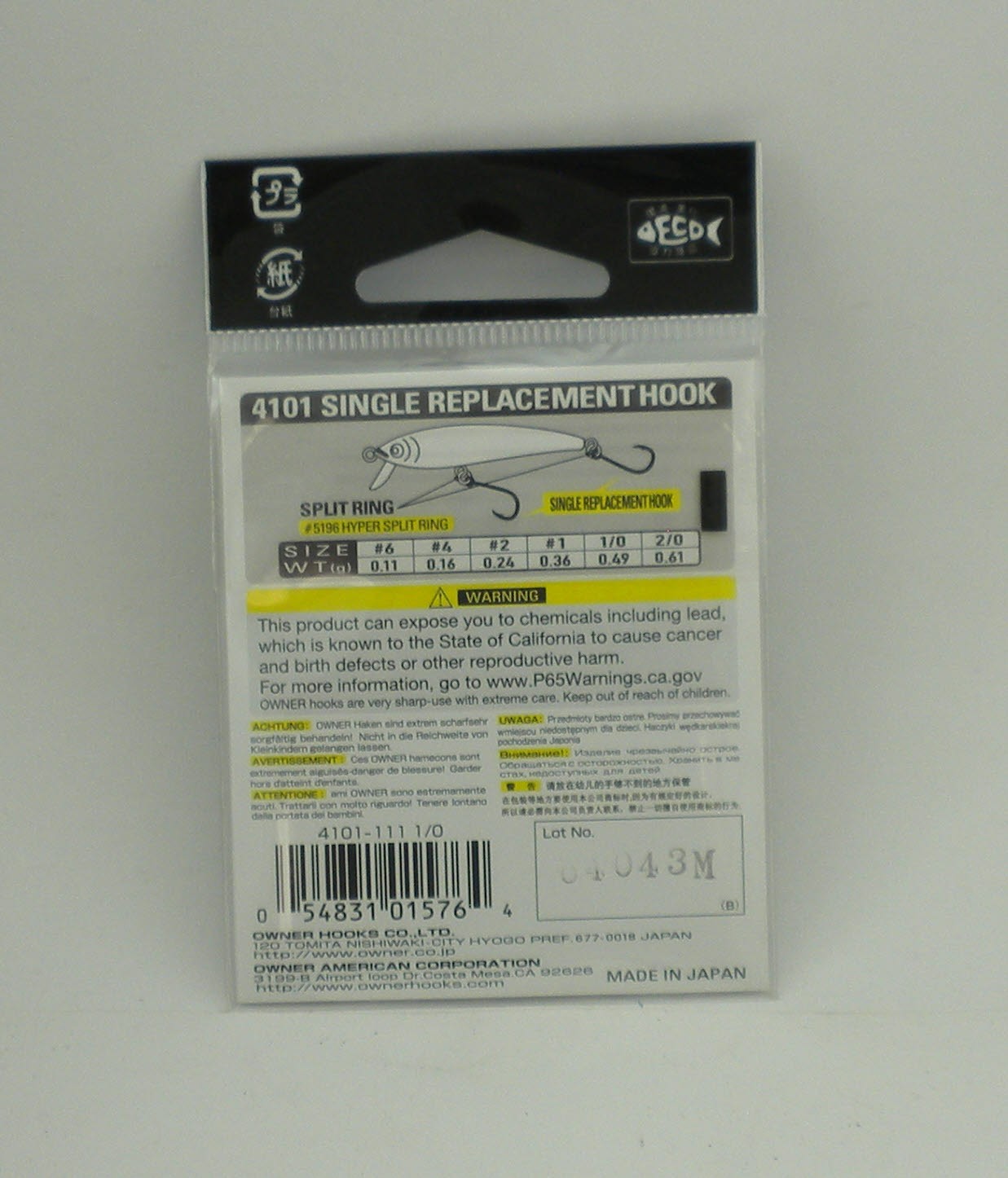 Owner 4101-111 Lure Replacement Hook 1X Strong Needle Point Black Chrome 1/0 4Ct