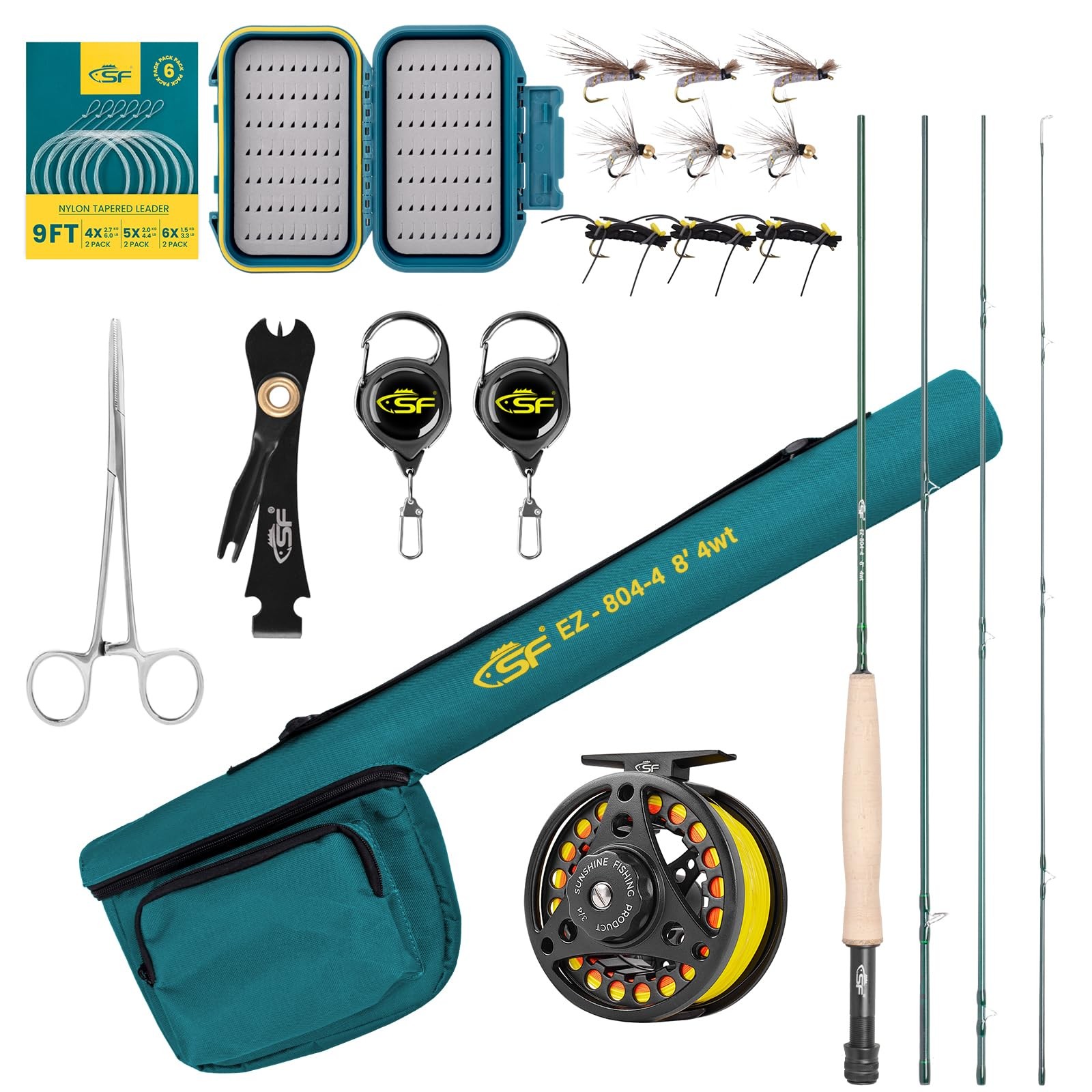 SF Fly Fishing Rod Combo Starter Kit 4 Piece 4WT 8FT Emerald Green 24T Carbo…