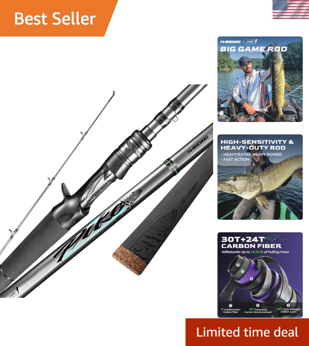 M1 Pike Heavy Fishing Rod – 7’6” 2-Piece Carbon Fiber for Musky and Pike