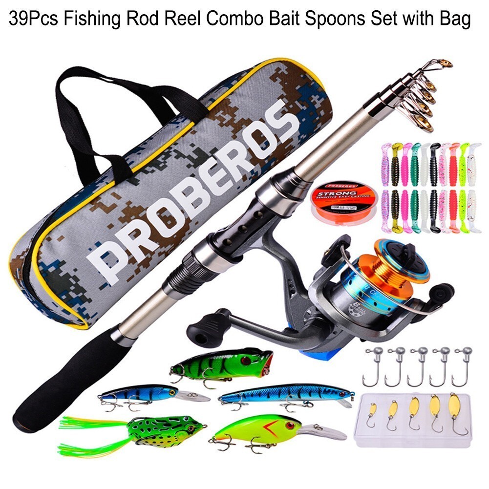 39Pcs Telescopic Fishing Rod Reel Combo Set Casting Rod Spinning Reel Line Lure