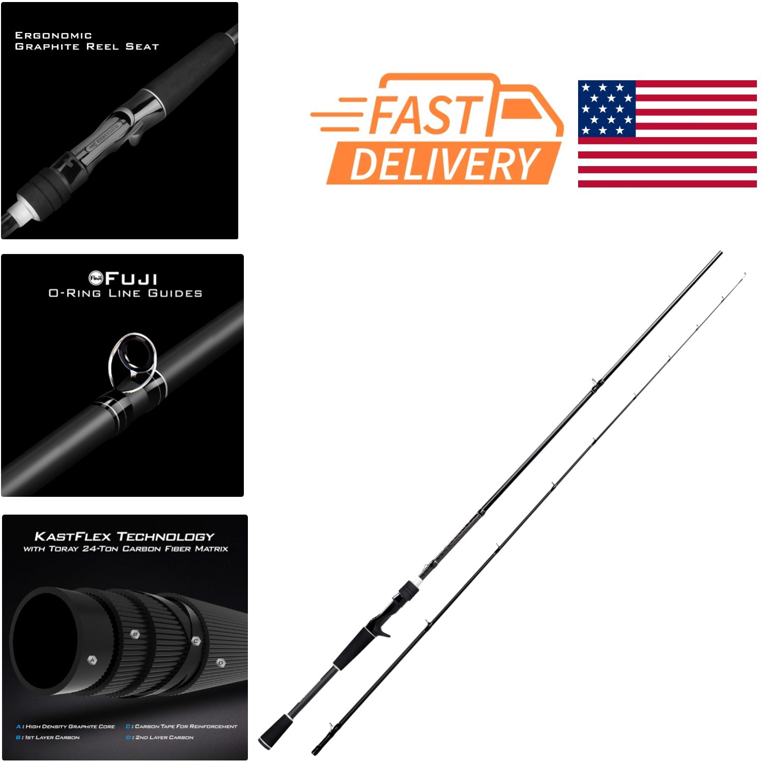 Perigee II Spinning Fishing Rod 7.6 Feet Medium Heavy Fast Action Carbon Fiber