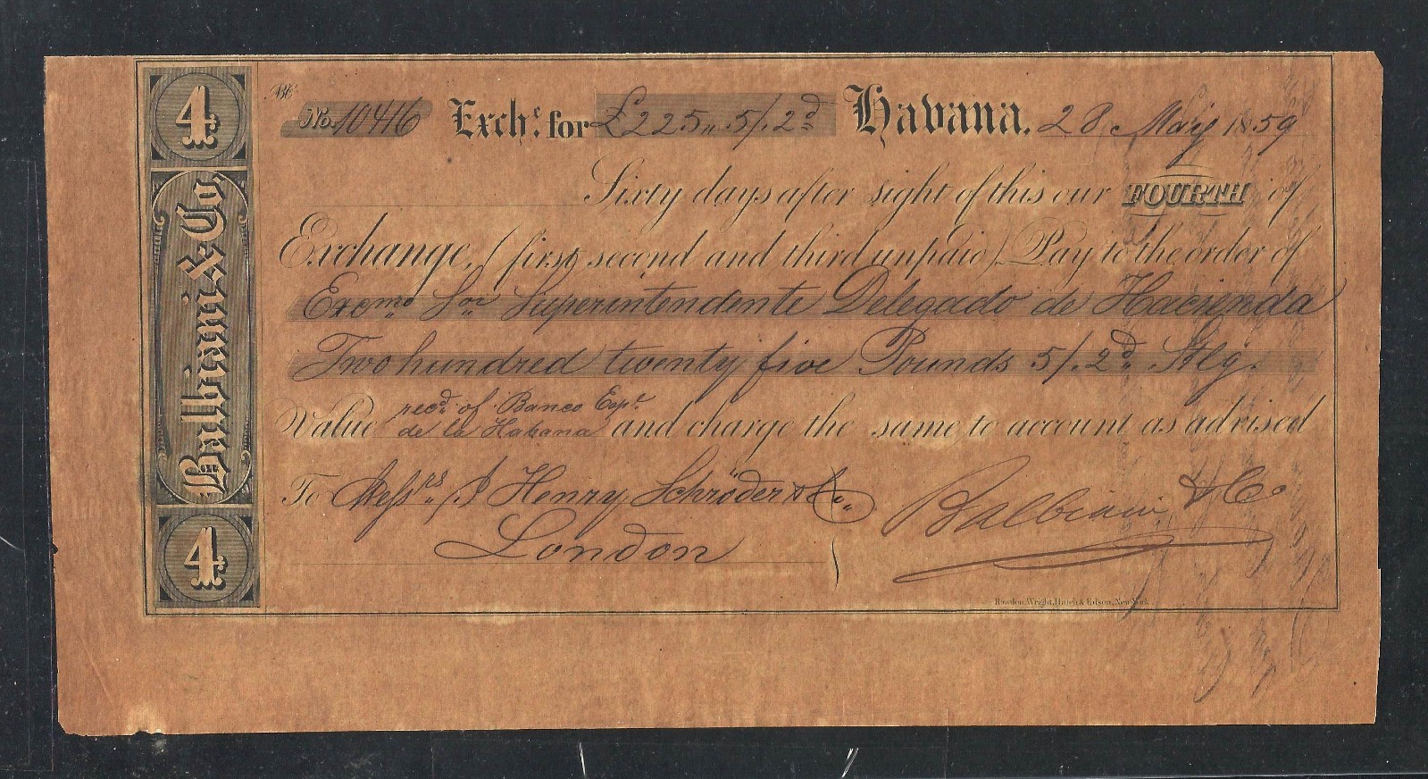 CARIBE – Balbiani & Co – Check exchange for 225, 5/2 Sterling Pounds 1859